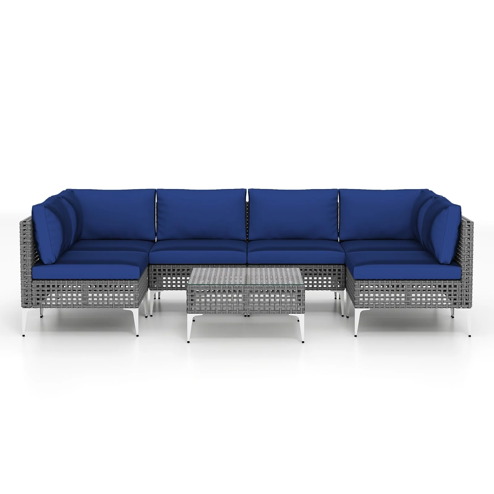 7 Piece Outdoor Furniture Set Wicker Chairs with Tempered Glass Coffee Table, Navy