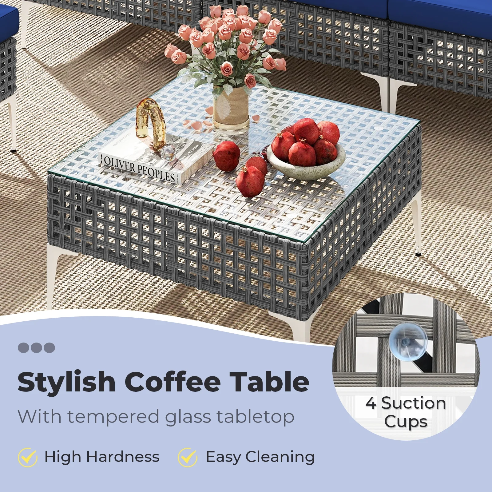 7 Piece Outdoor Furniture Set Wicker Chairs with Tempered Glass Coffee Table, Navy - Image 10