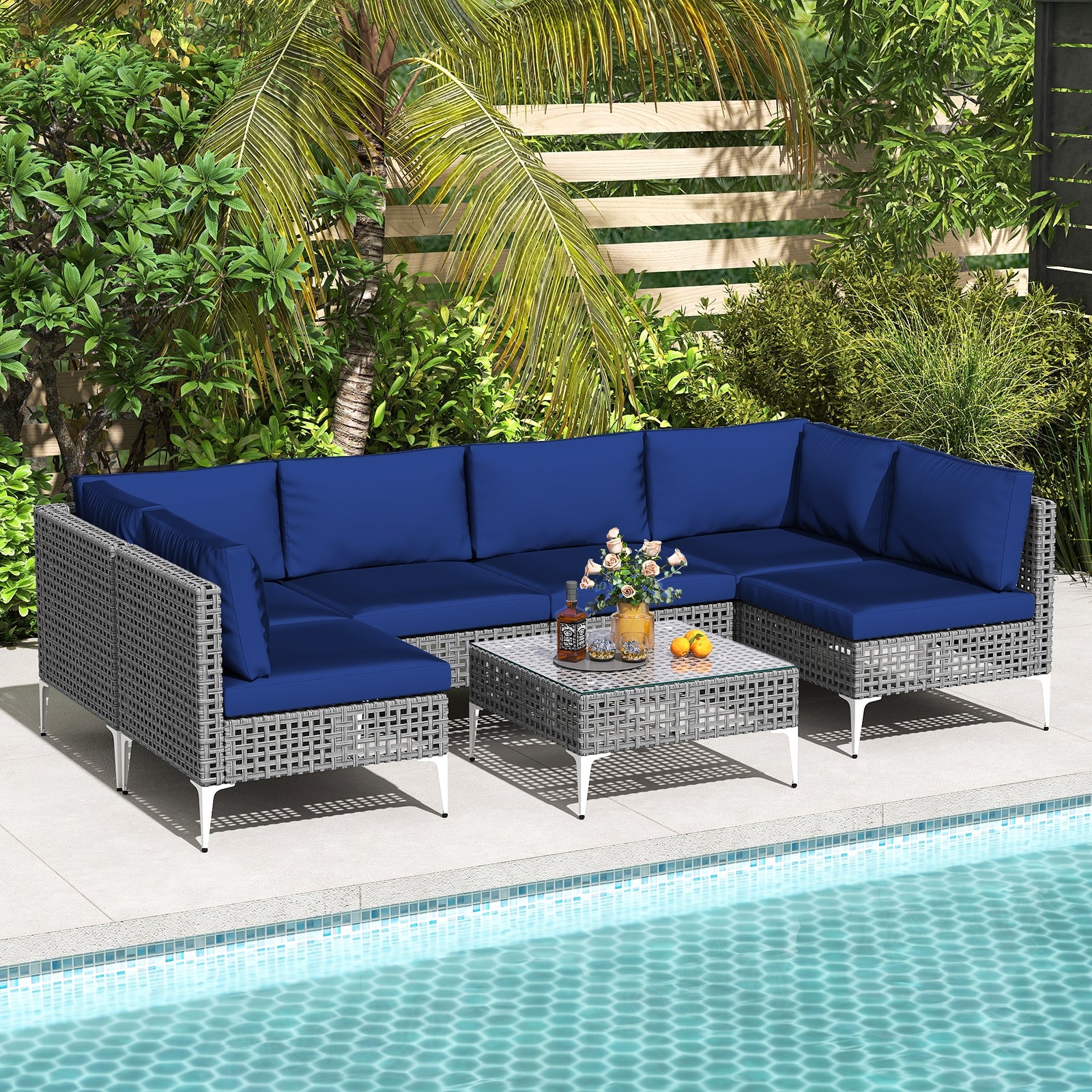 7 Piece Outdoor Furniture Set Wicker Chairs with Tempered Glass Coffee Table, Navy - Image 2