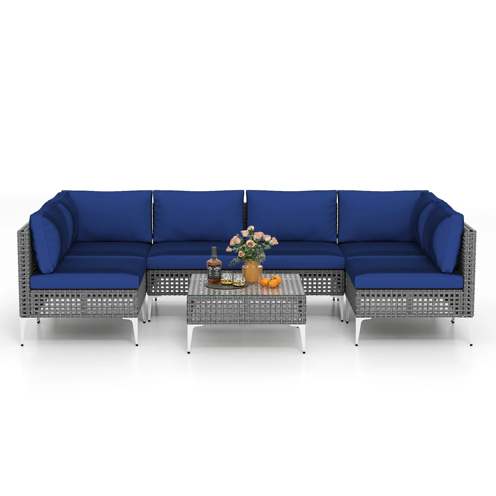 7 Piece Outdoor Furniture Set Wicker Chairs with Tempered Glass Coffee Table, Navy - Image 5