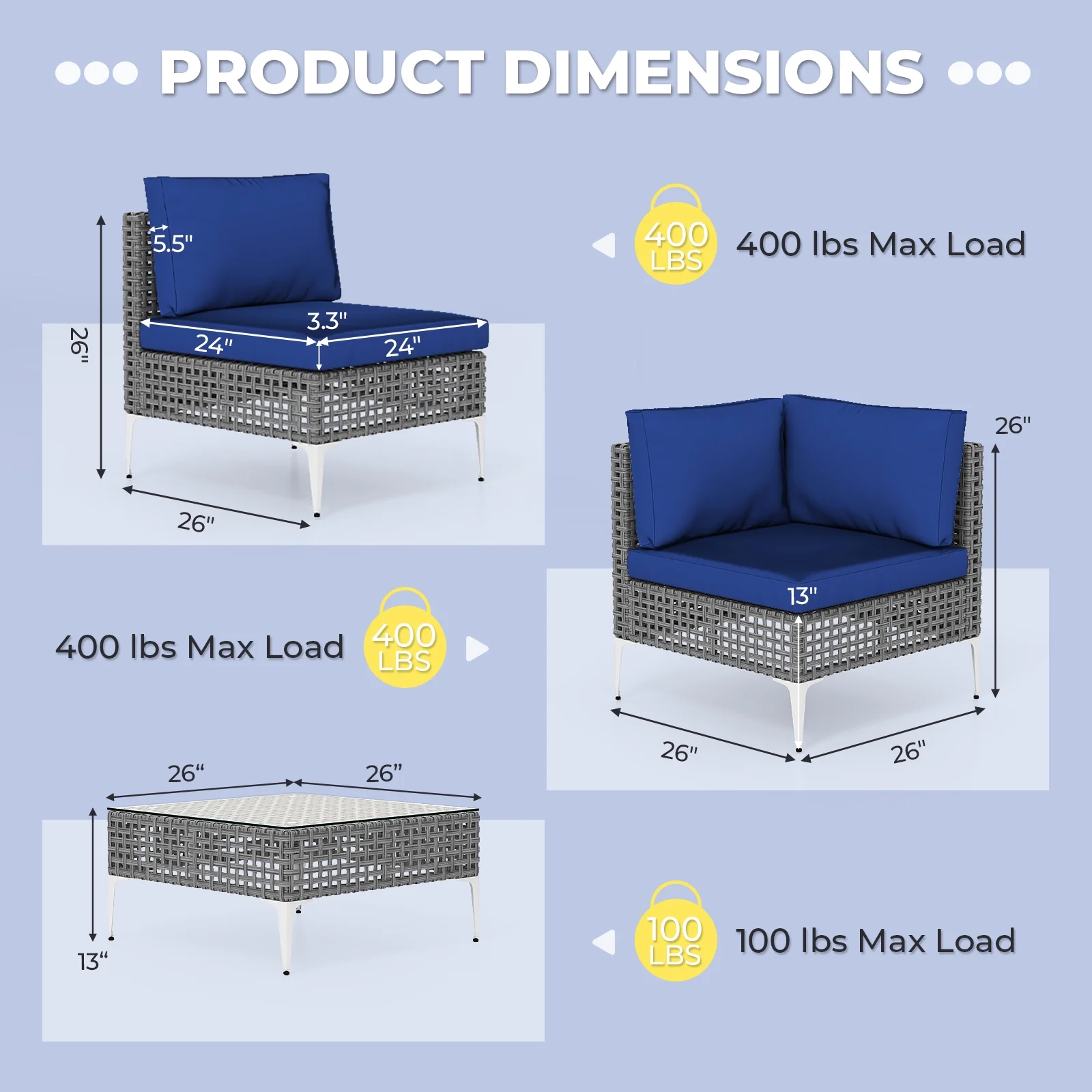 7 Piece Outdoor Furniture Set Wicker Chairs with Tempered Glass Coffee Table, Navy - Image 6