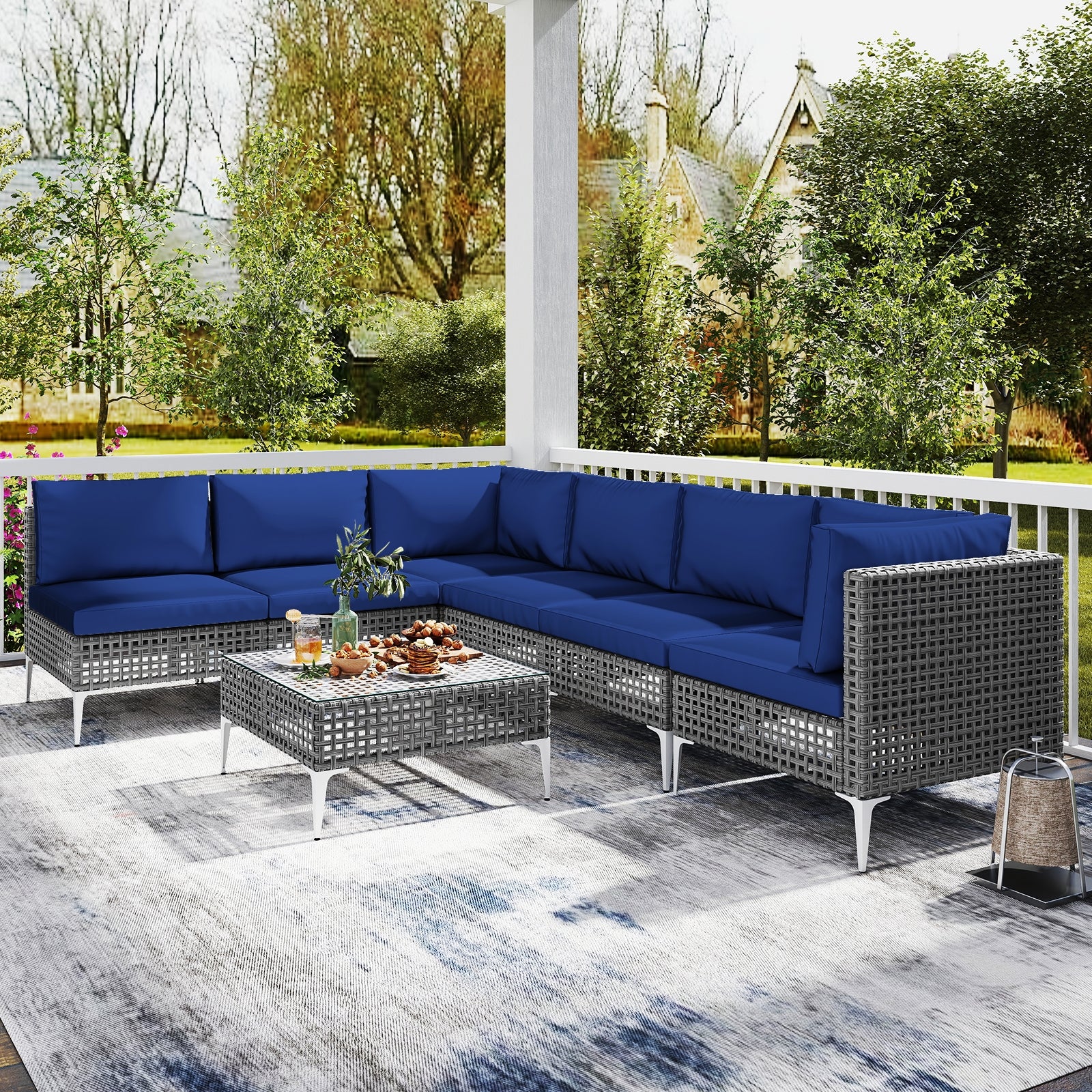 7 Piece Outdoor Furniture Set Wicker Chairs with Tempered Glass Coffee Table, Navy - Image 7