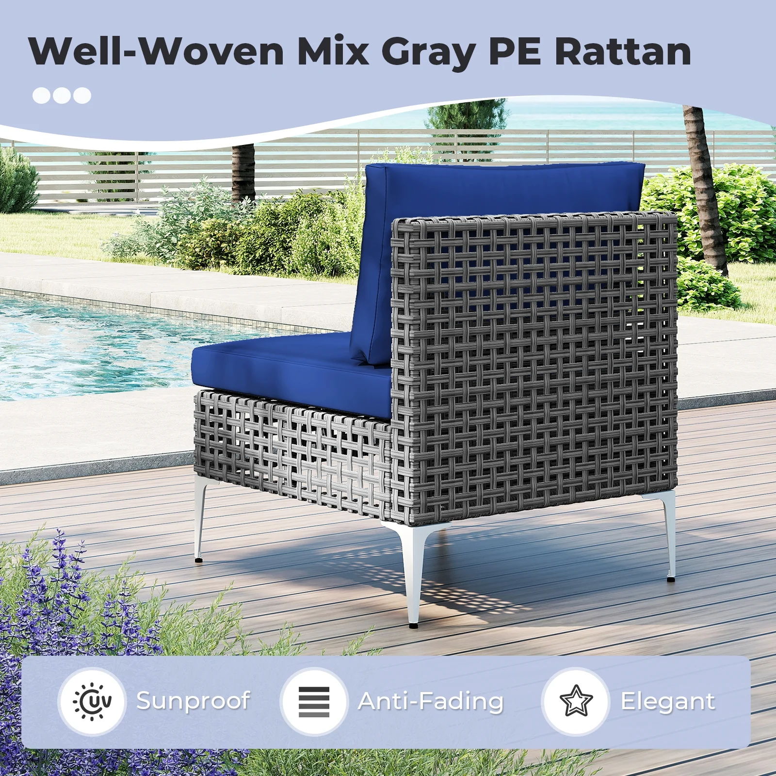 7 Piece Outdoor Furniture Set Wicker Chairs with Tempered Glass Coffee Table, Navy - Image 8