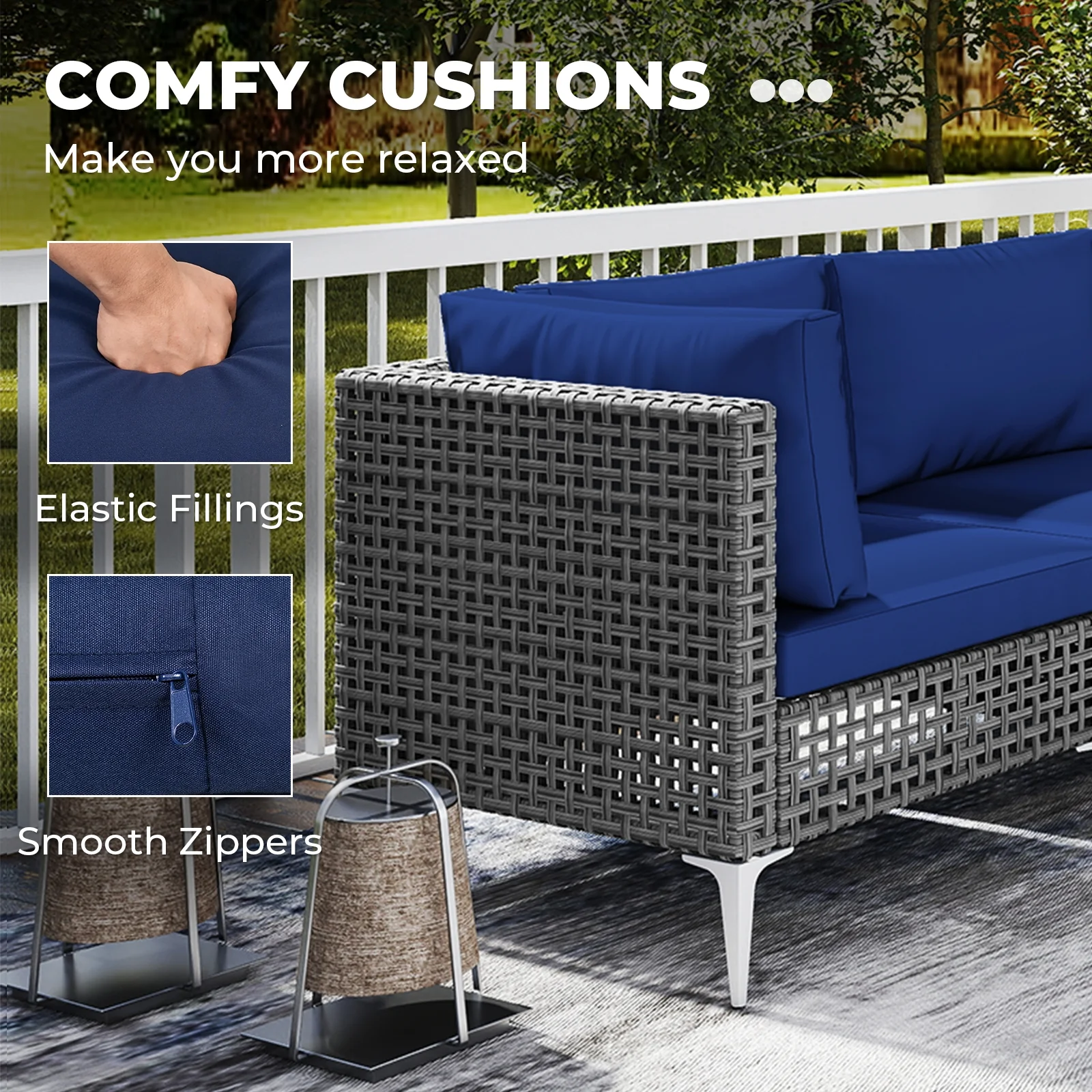 7 Piece Outdoor Furniture Set Wicker Chairs with Tempered Glass Coffee Table, Navy - Image 9