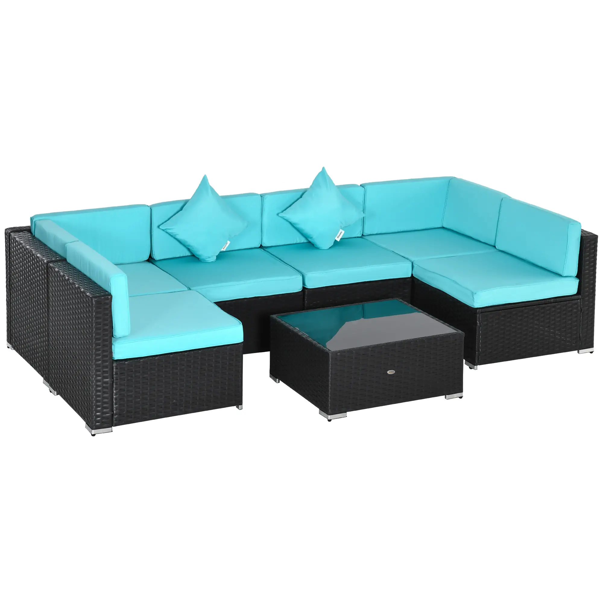 7-Piece Outdoor Wicker Sectional Sofa, Deep Coffee, Light Blue