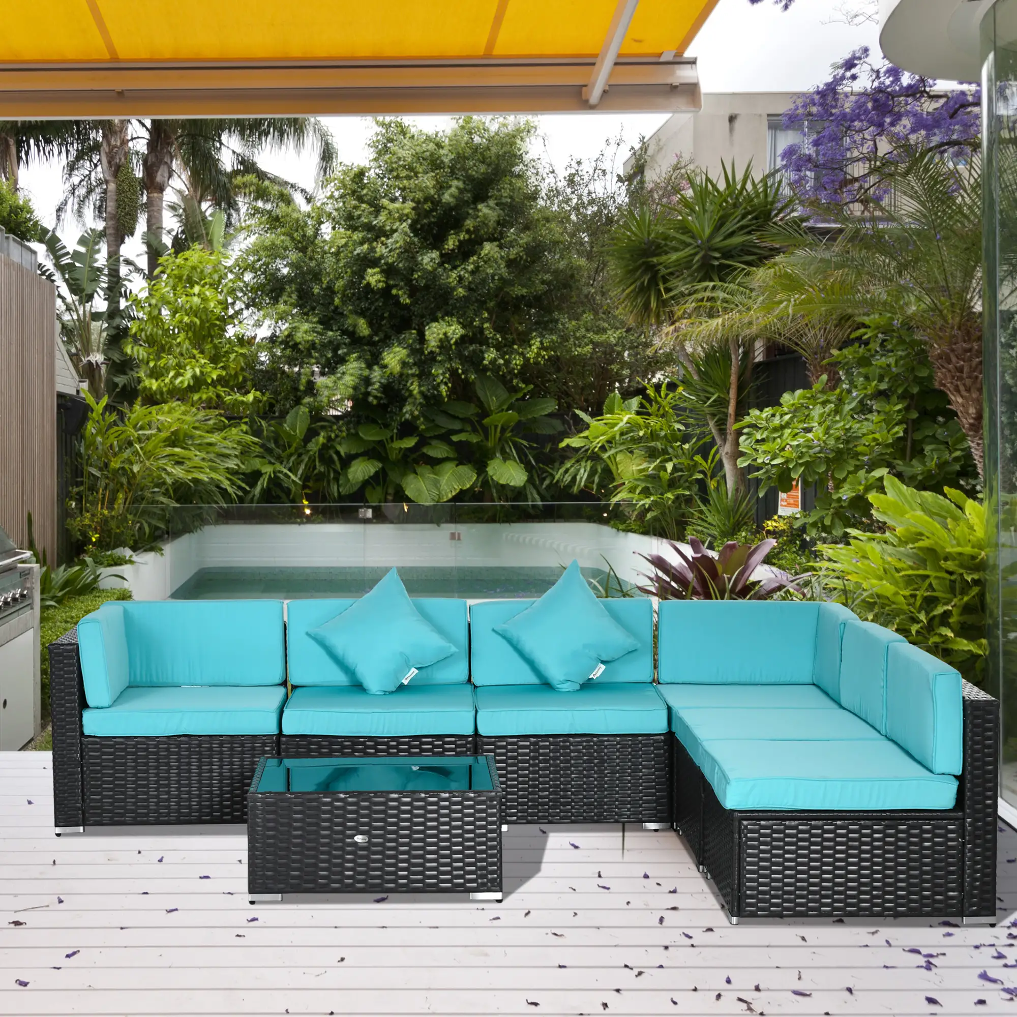7-Piece Outdoor Wicker Sectional Sofa, Deep Coffee, Light Blue - Image 2