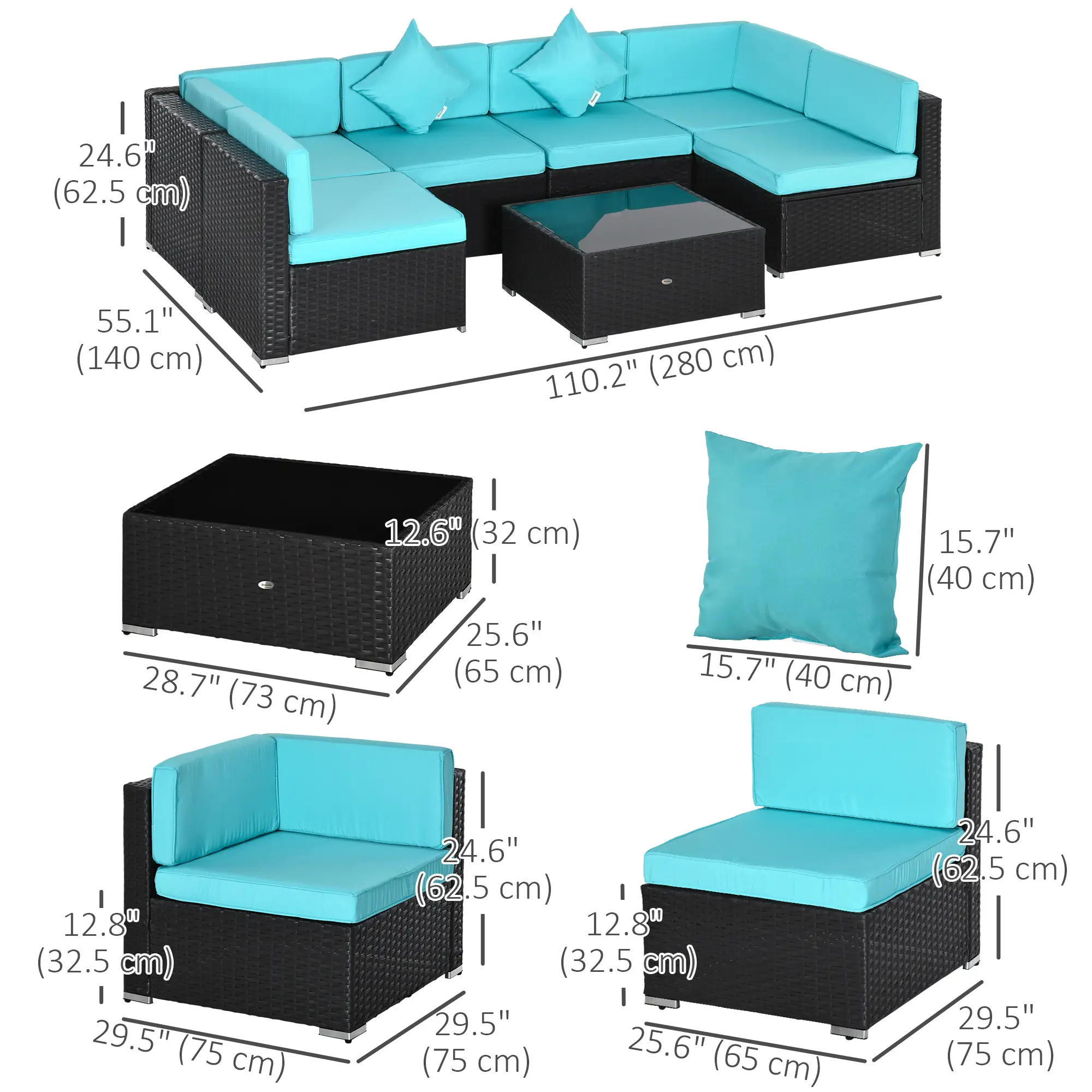 7-Piece Outdoor Wicker Sectional Sofa, Deep Coffee, Light Blue - Image 3