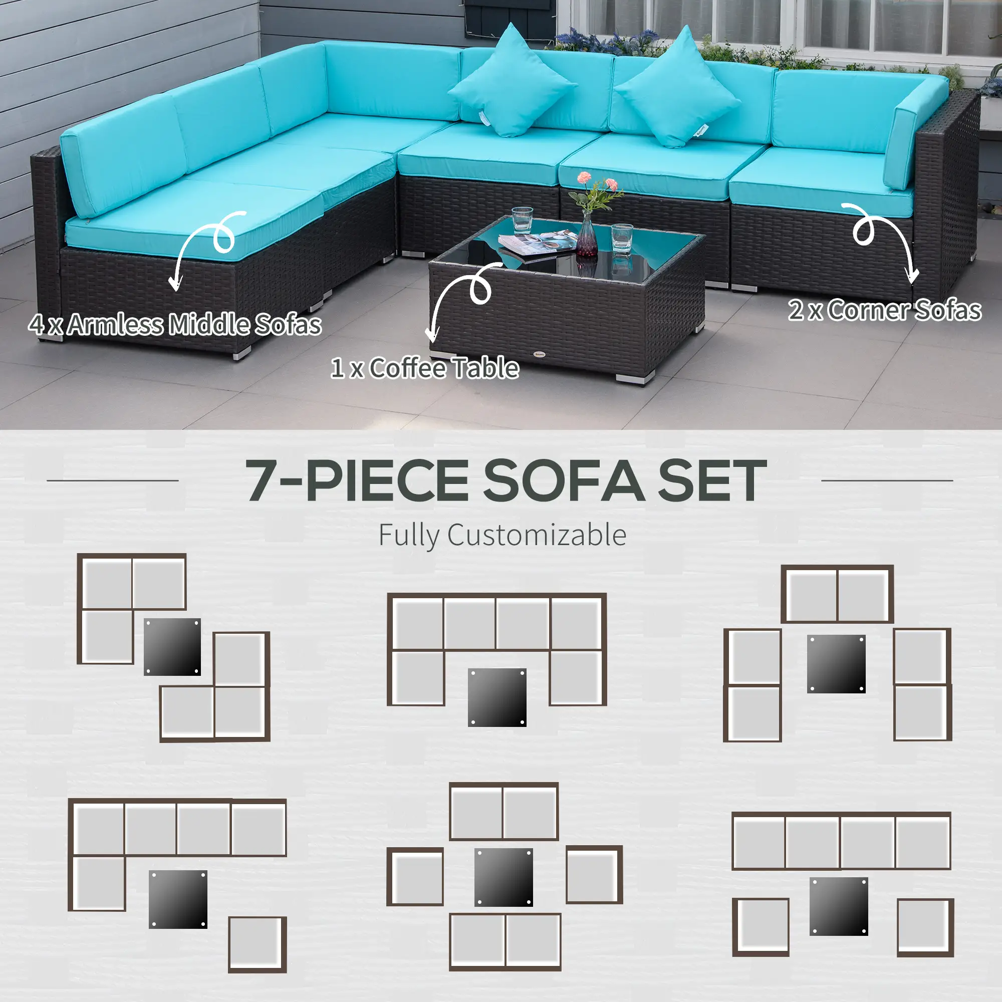 7-Piece Outdoor Wicker Sectional Sofa, Deep Coffee, Light Blue - Image 5