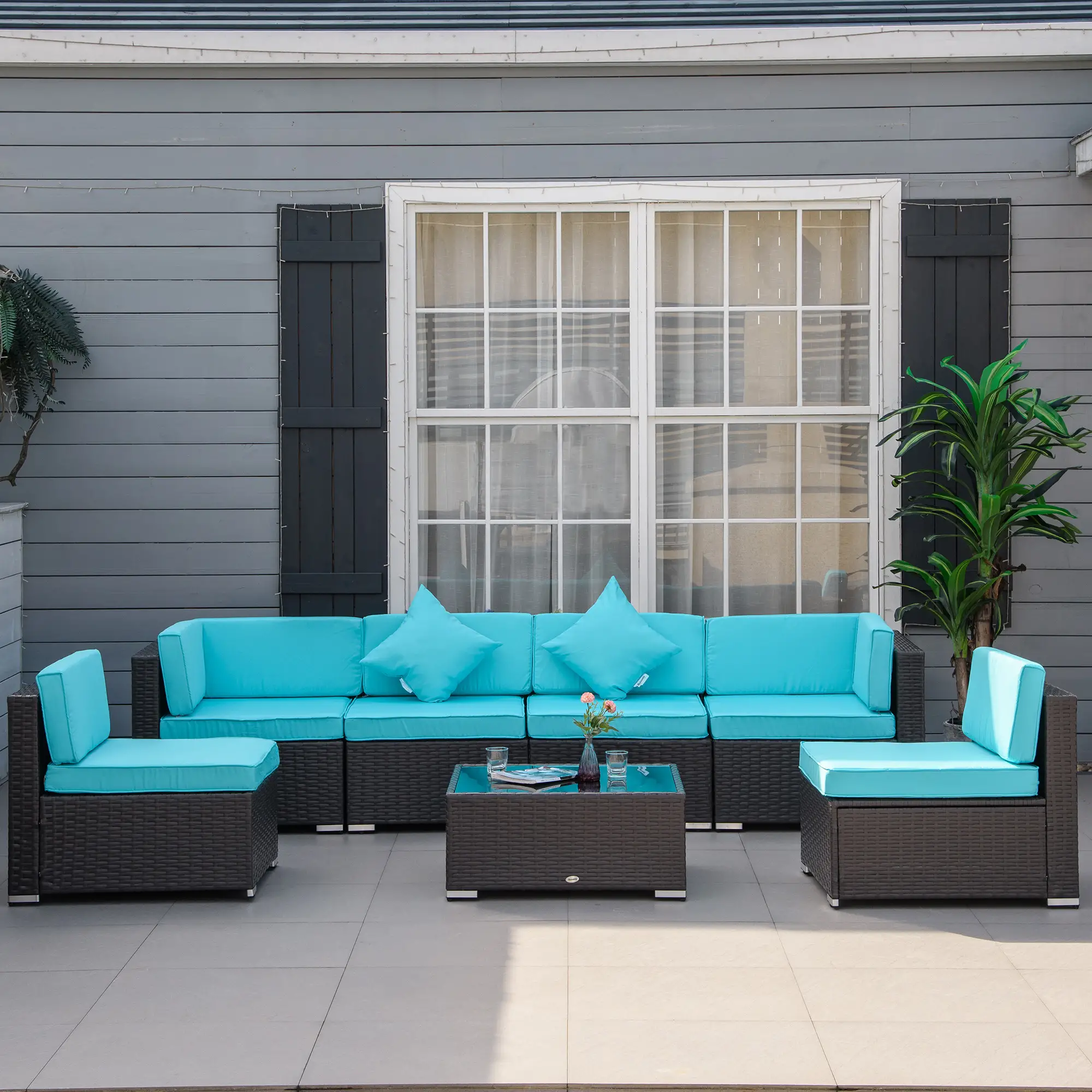7-Piece Outdoor Wicker Sectional Sofa, Deep Coffee, Light Blue - Image 8
