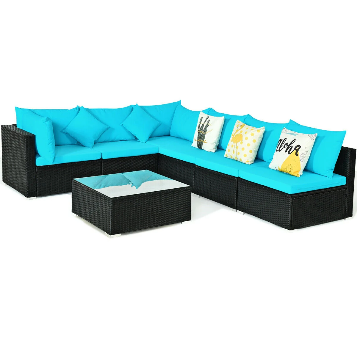 7-Piece Outdoor Wicker Sectional Sofa Set, Tempered Glass Top, Blue - Image 2
