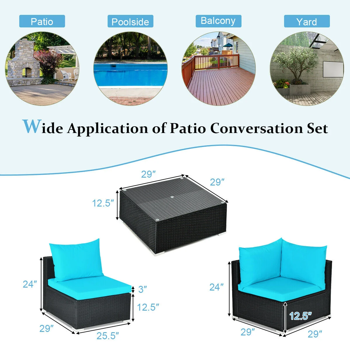 7-Piece Outdoor Wicker Sectional Sofa Set, Tempered Glass Top, Blue - Image 4
