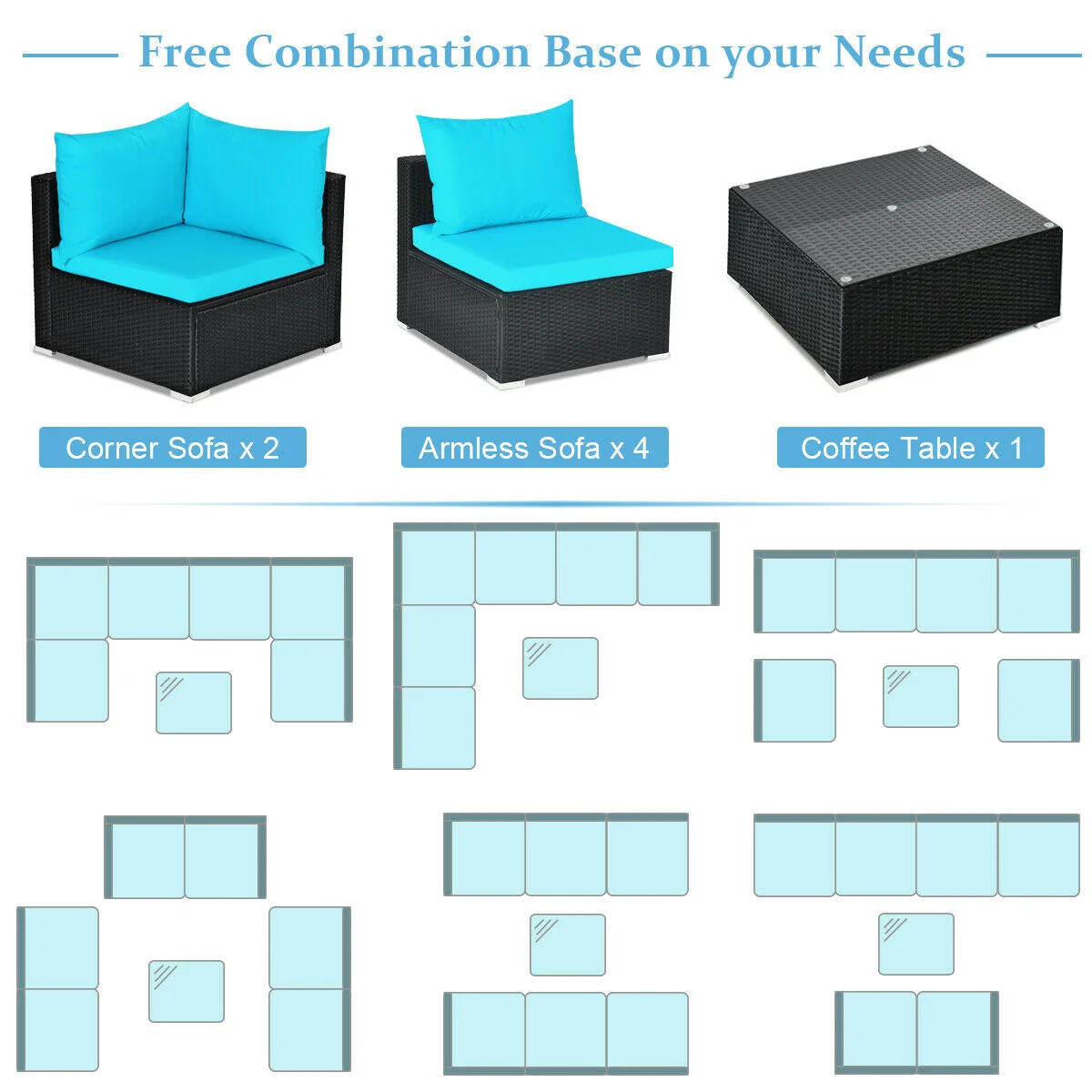 7-Piece Outdoor Wicker Sectional Sofa Set, Tempered Glass Top, Blue - Image 5