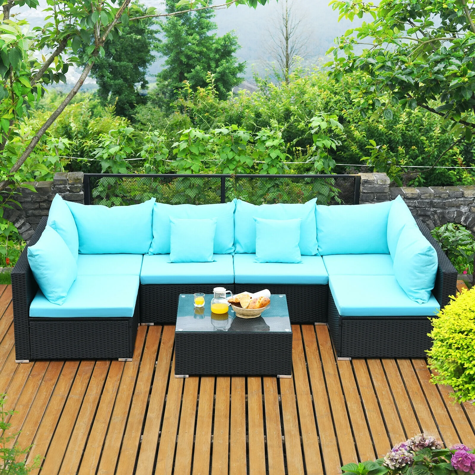 7-Piece Outdoor Wicker Sectional Sofa Set, Tempered Glass Top, Blue - Image 6