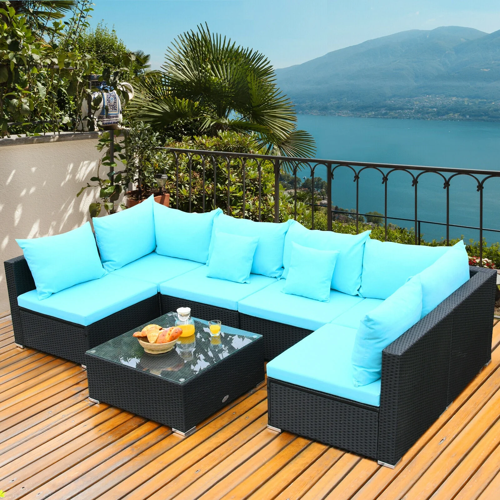 7-Piece Outdoor Wicker Sectional Sofa Set, Tempered Glass Top, Blue - Image 8