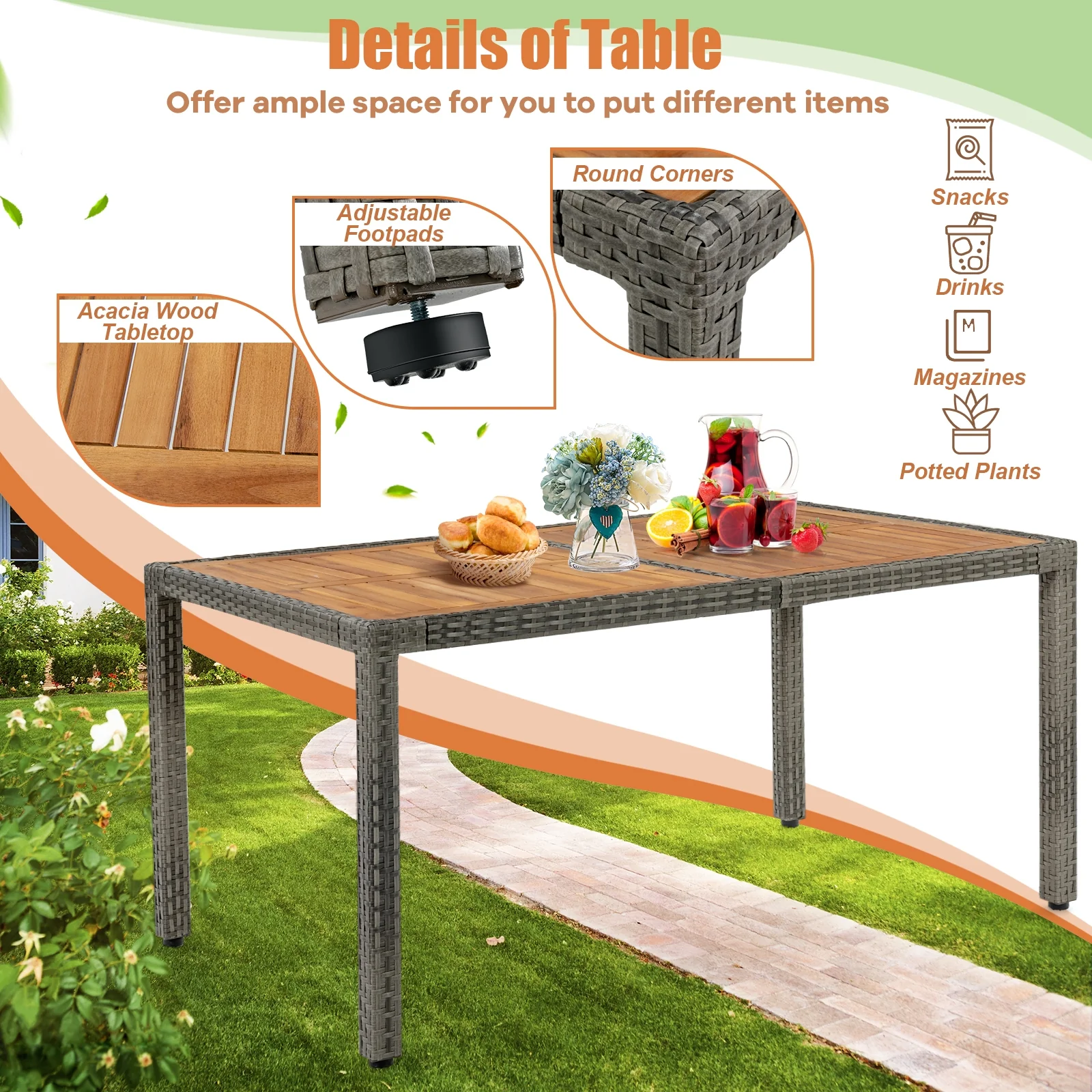 7-Piece Patio Acacia Wood Cushioned PE Rattan Dining Set, Brown - Image 10