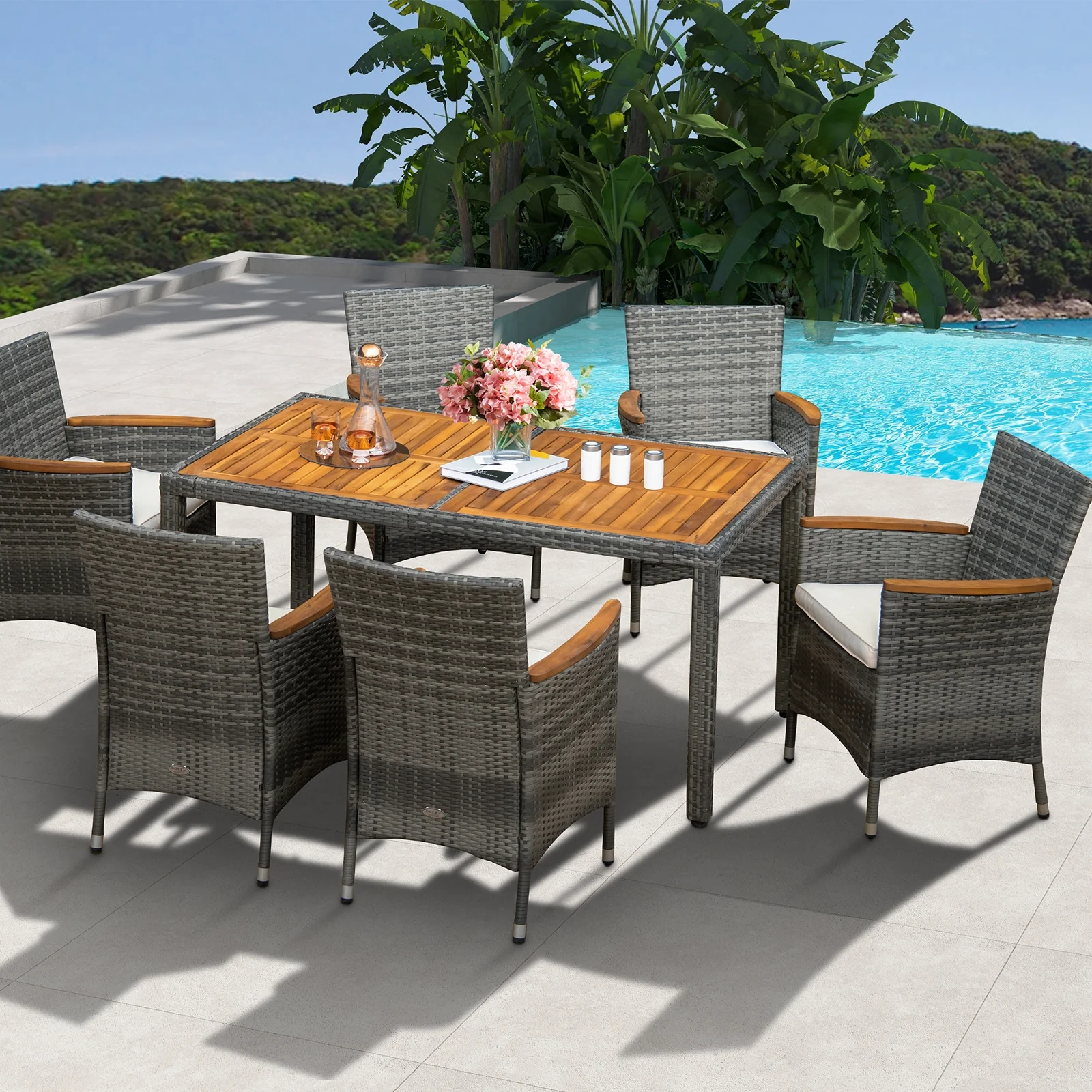 7-Piece Patio Acacia Wood Cushioned PE Rattan Dining Set, Brown - Image 2