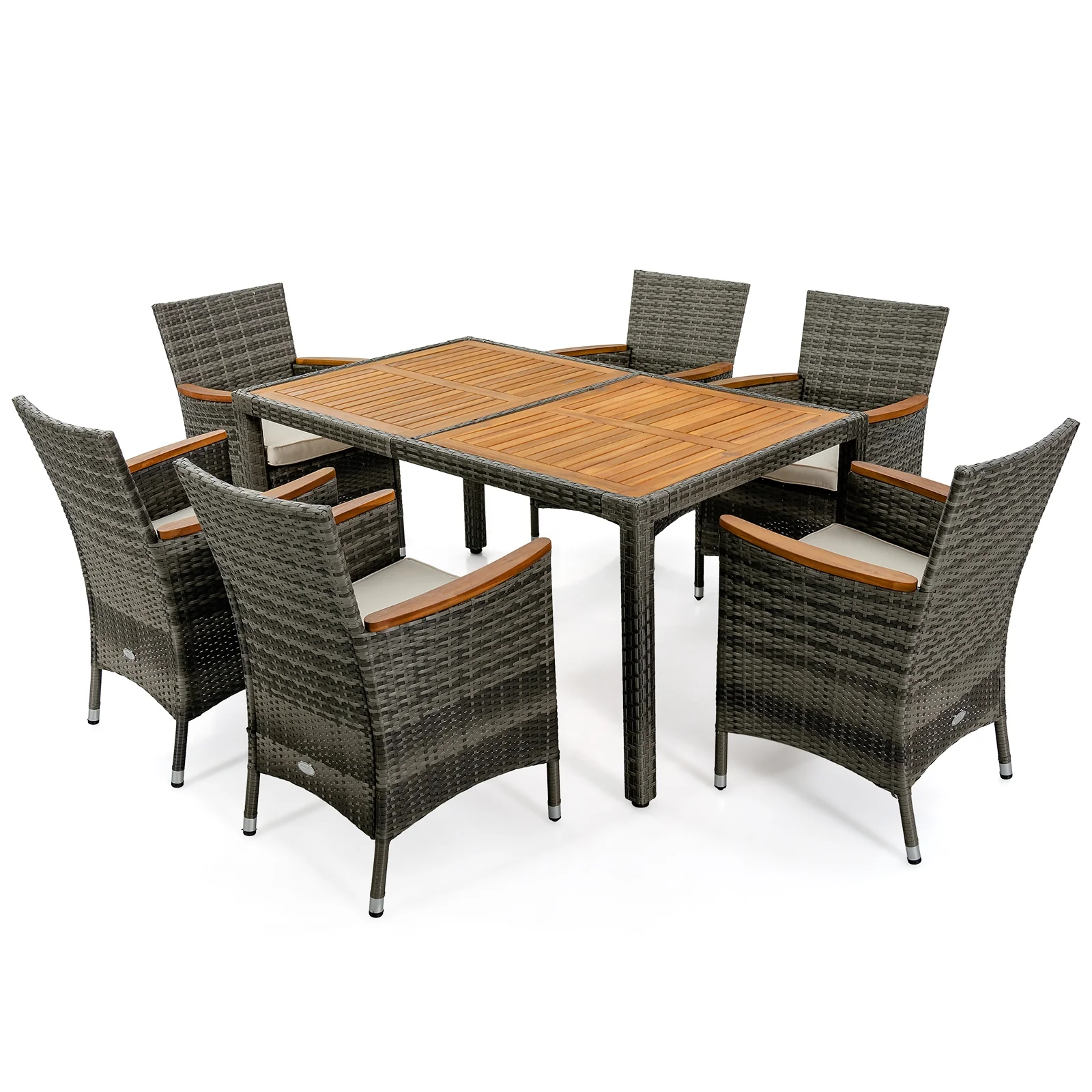7-Piece Patio Acacia Wood Cushioned PE Rattan Dining Set, Brown - Image 4