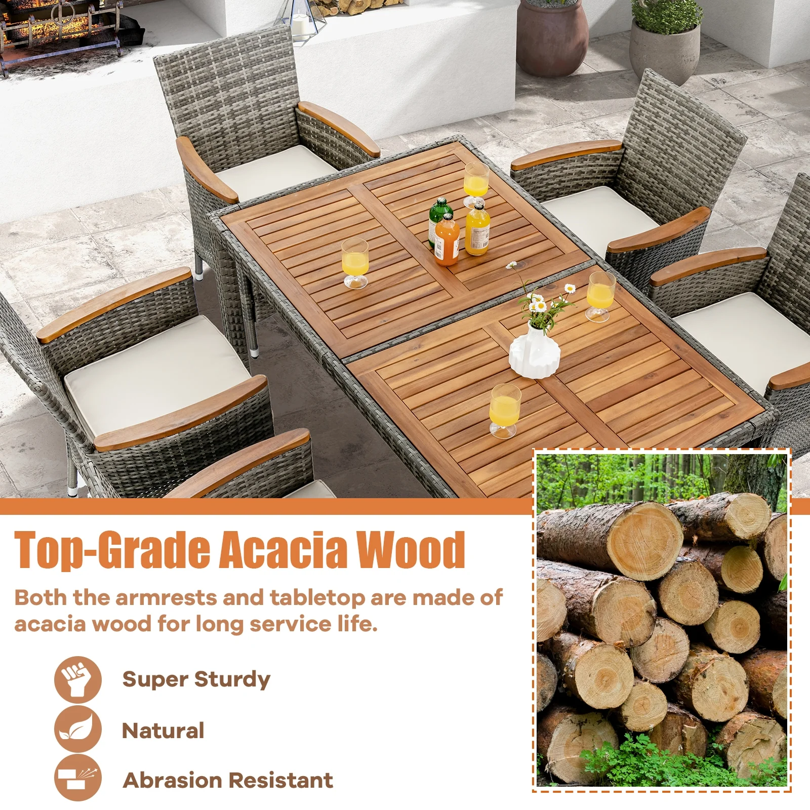 7-Piece Patio Acacia Wood Cushioned PE Rattan Dining Set, Brown - Image 7