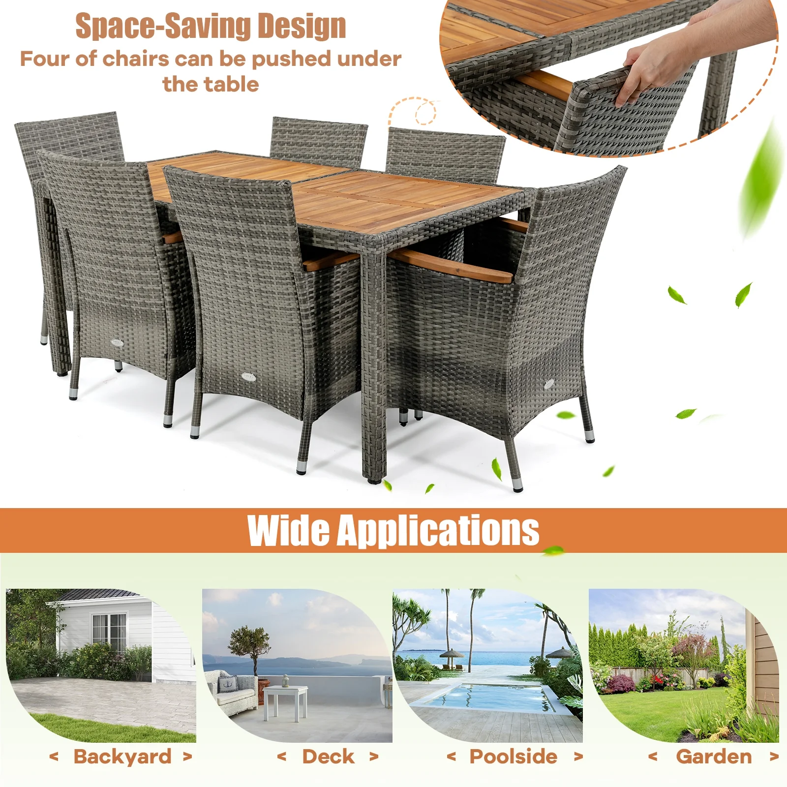 7-Piece Patio Acacia Wood Cushioned PE Rattan Dining Set, Brown - Image 8