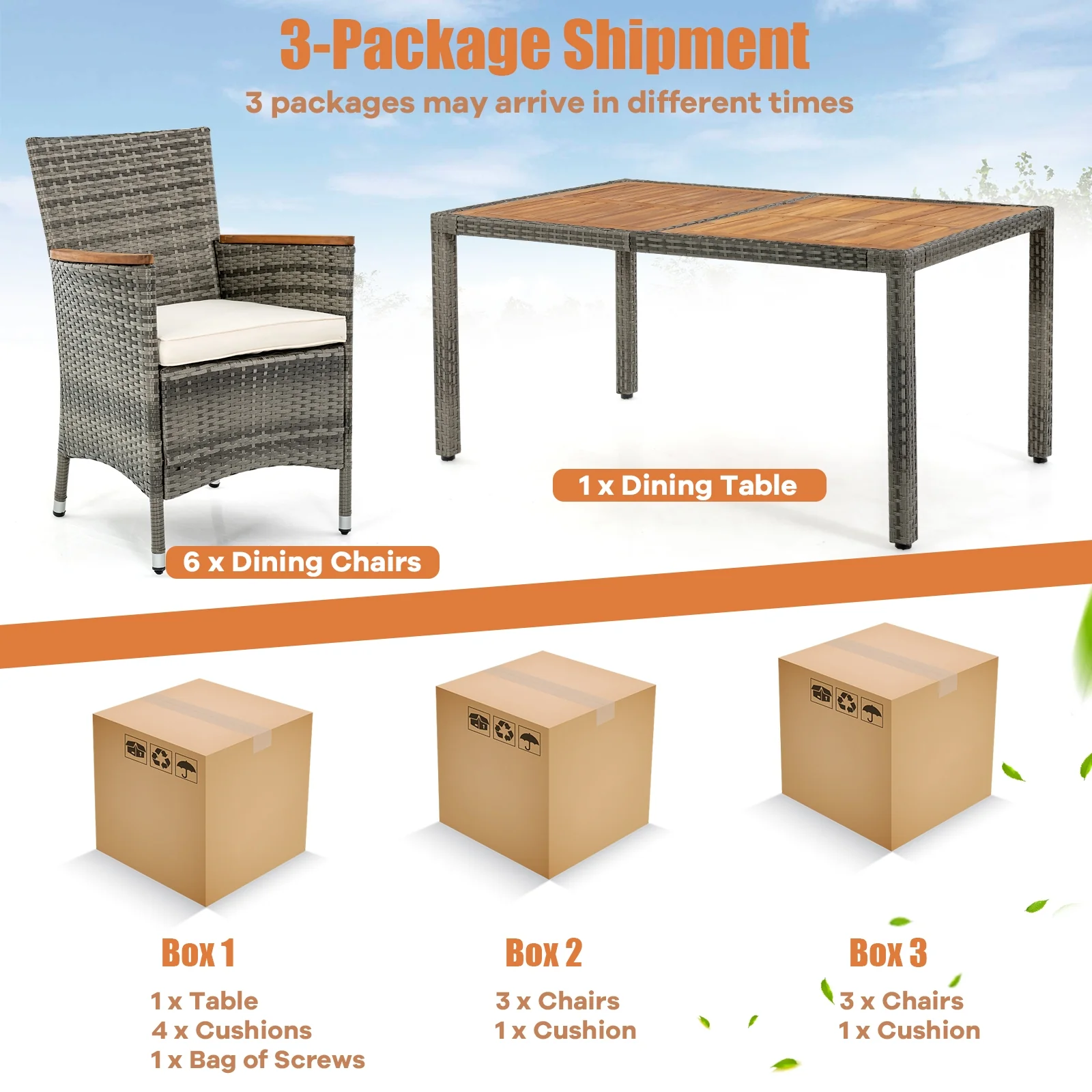 7-Piece Patio Acacia Wood Cushioned PE Rattan Dining Set, Brown - Image 9