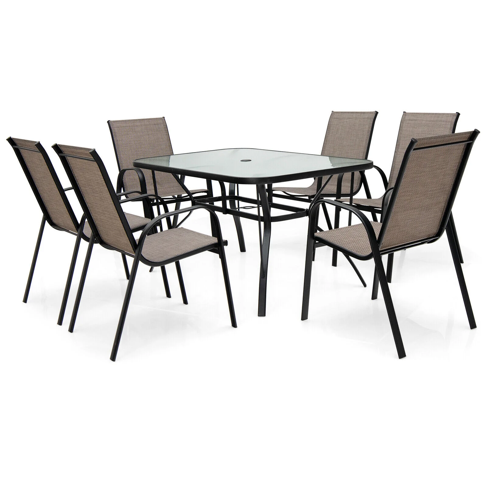 7-Piece Patio Dining Set, 6 Stackable Chairs, Brown - Image 2