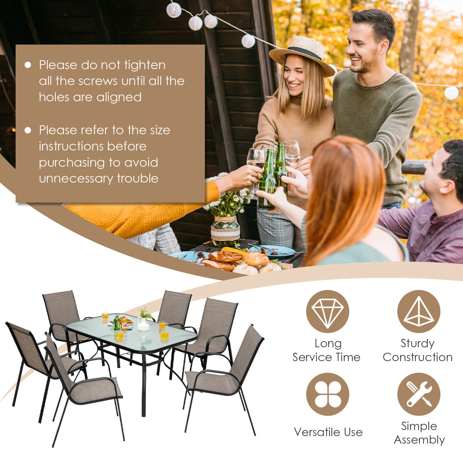 7-Piece Patio Dining Set, 6 Stackable Chairs, Brown - Image 4