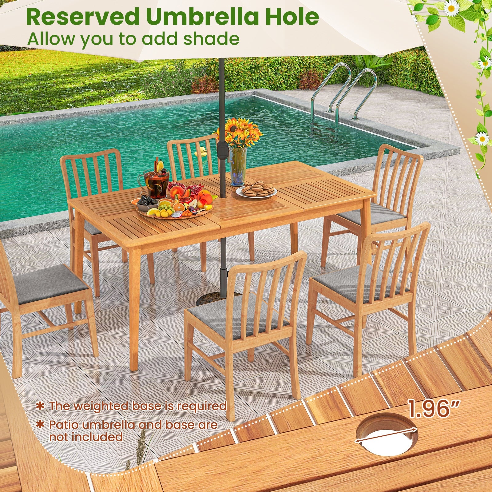 7 Piece Patio Dining Set, Acacia Wood, Natural - Image 10