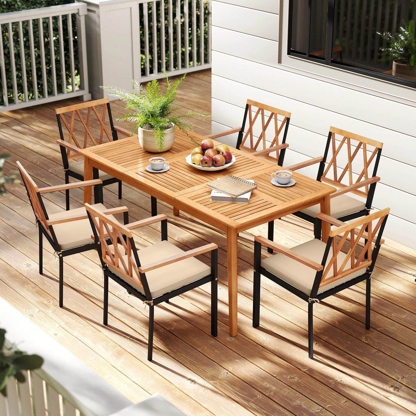 7 Piece Patio Dining Set, Acacia Wood, Natural - Image 2