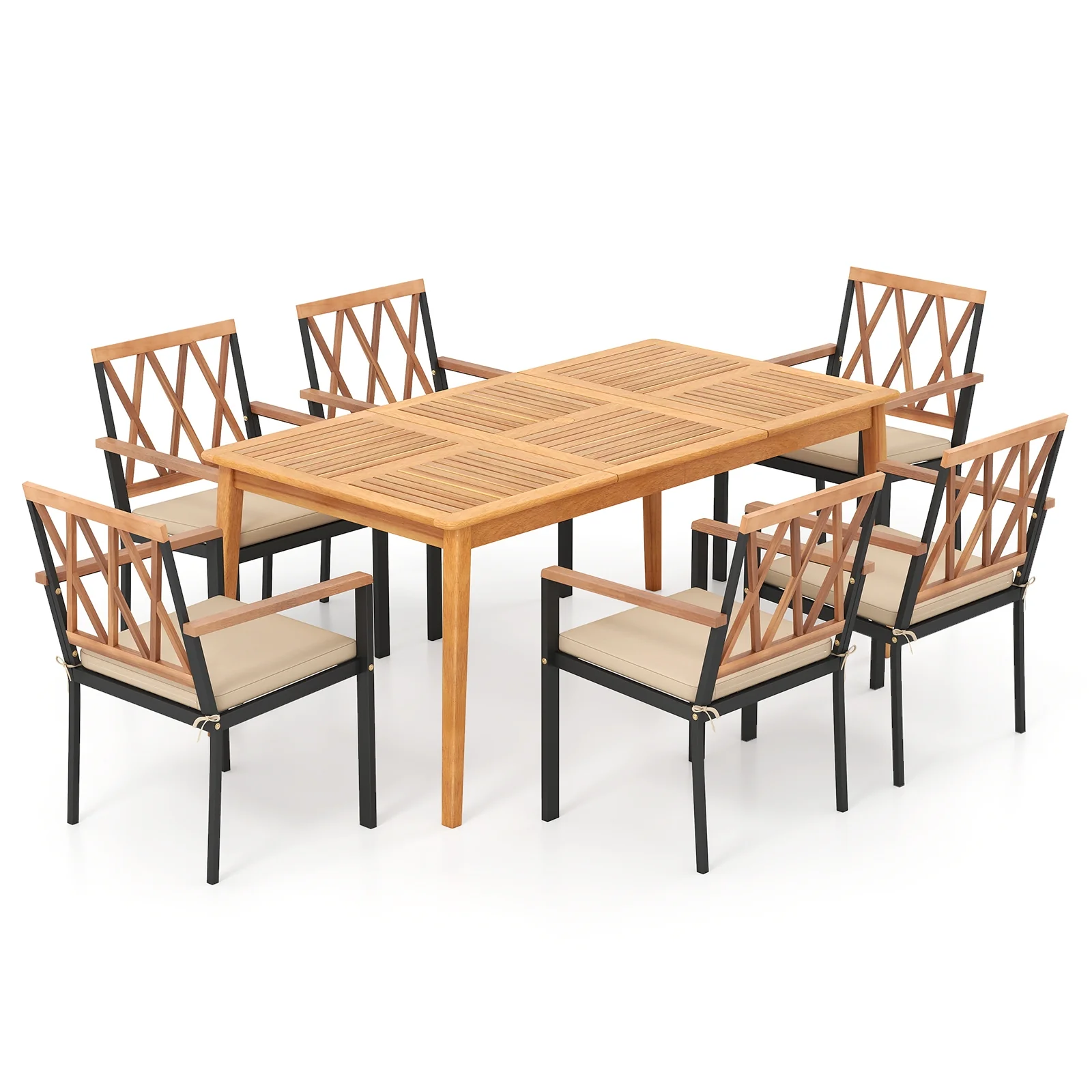 7 Piece Patio Dining Set, Acacia Wood, Natural - Image 4