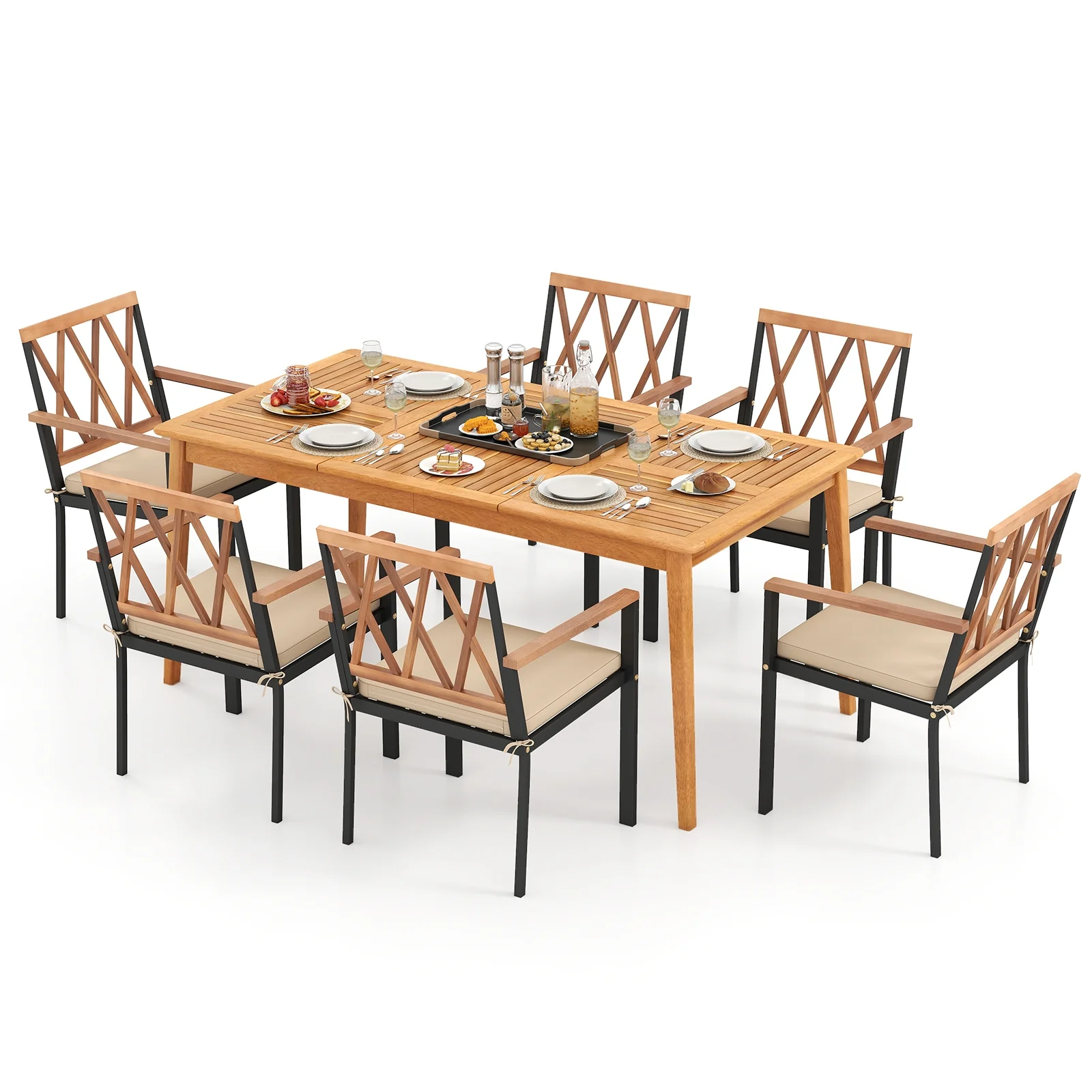 7 Piece Patio Dining Set, Acacia Wood, Natural - Image 5