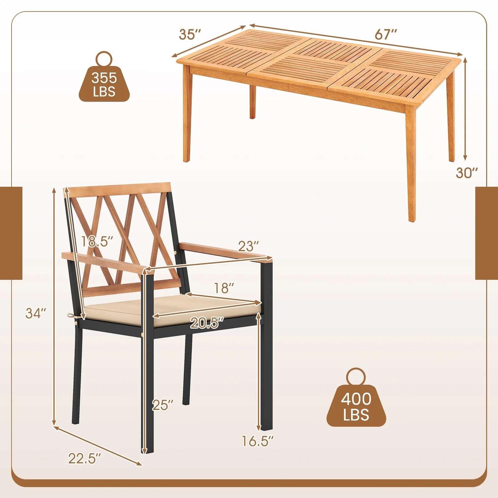 7 Piece Patio Dining Set, Acacia Wood, Natural - Image 6