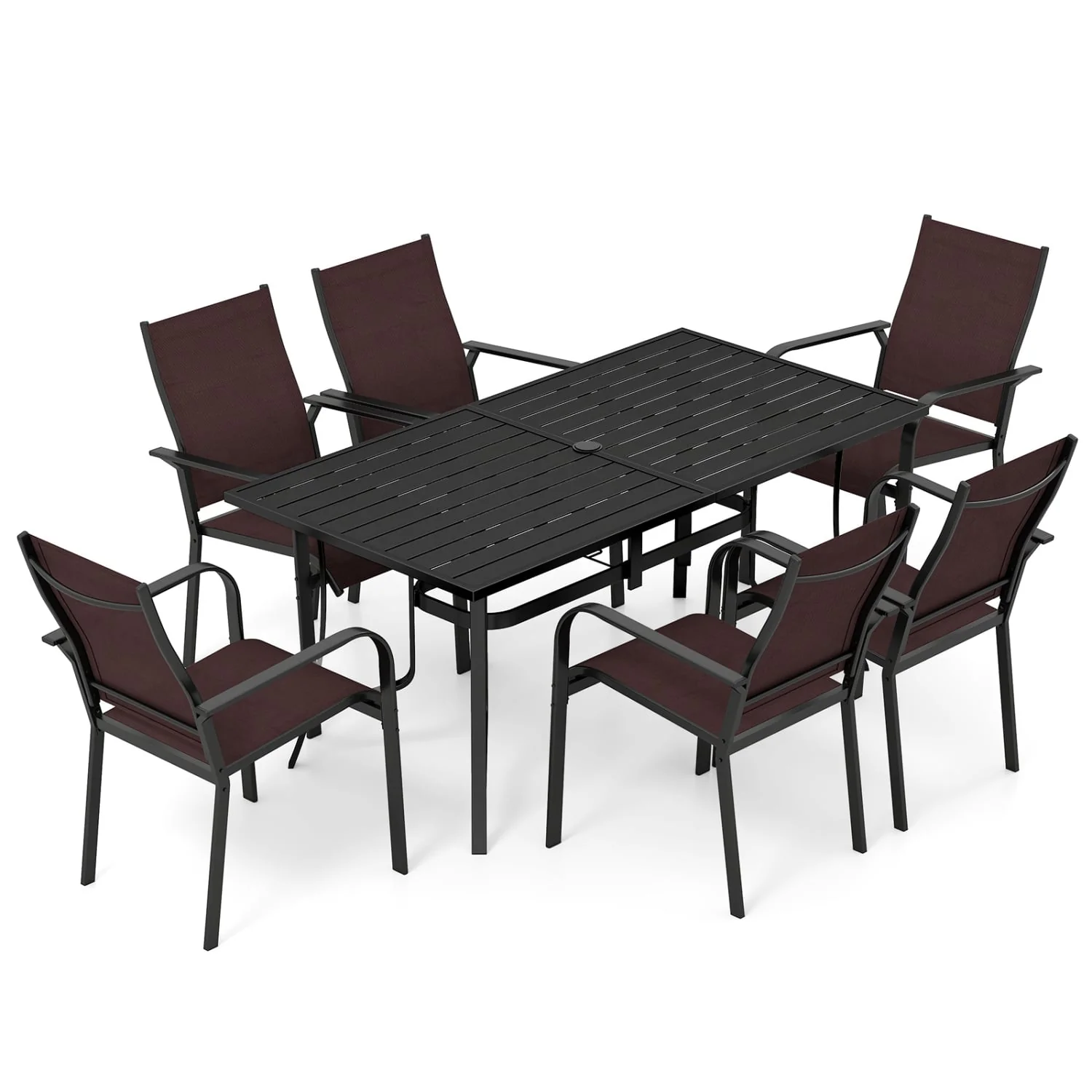7-Piece Patio Dining Set With Rectangle Table & 6 Stackable Mesh Armchairs, Brown