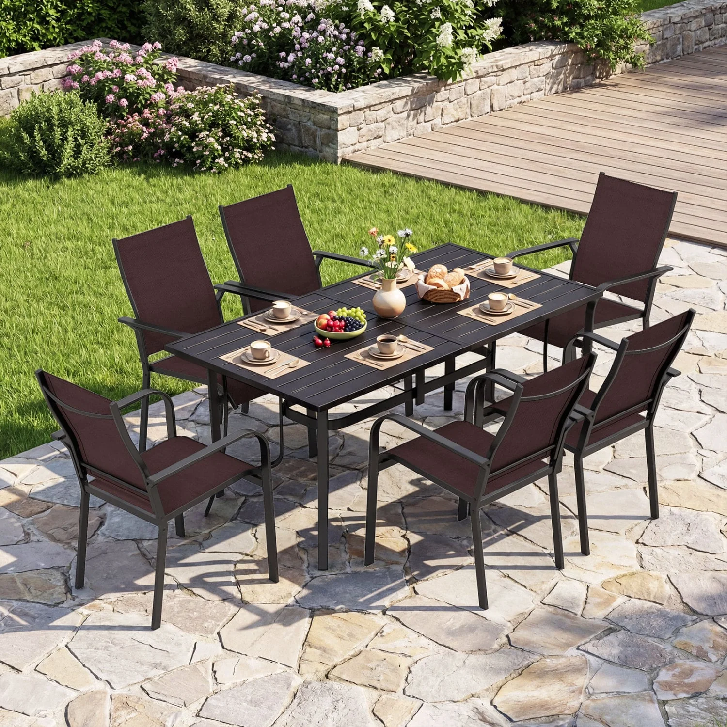 7-Piece Patio Dining Set With Rectangle Table & 6 Stackable Mesh Armchairs, Brown - Image 2