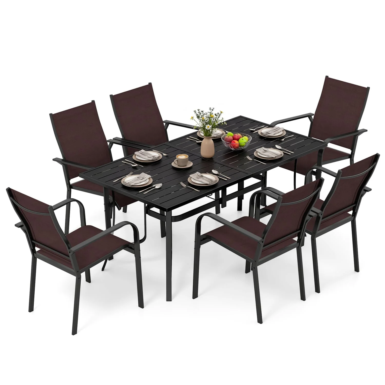 7-Piece Patio Dining Set With Rectangle Table & 6 Stackable Mesh Armchairs, Brown - Image 3