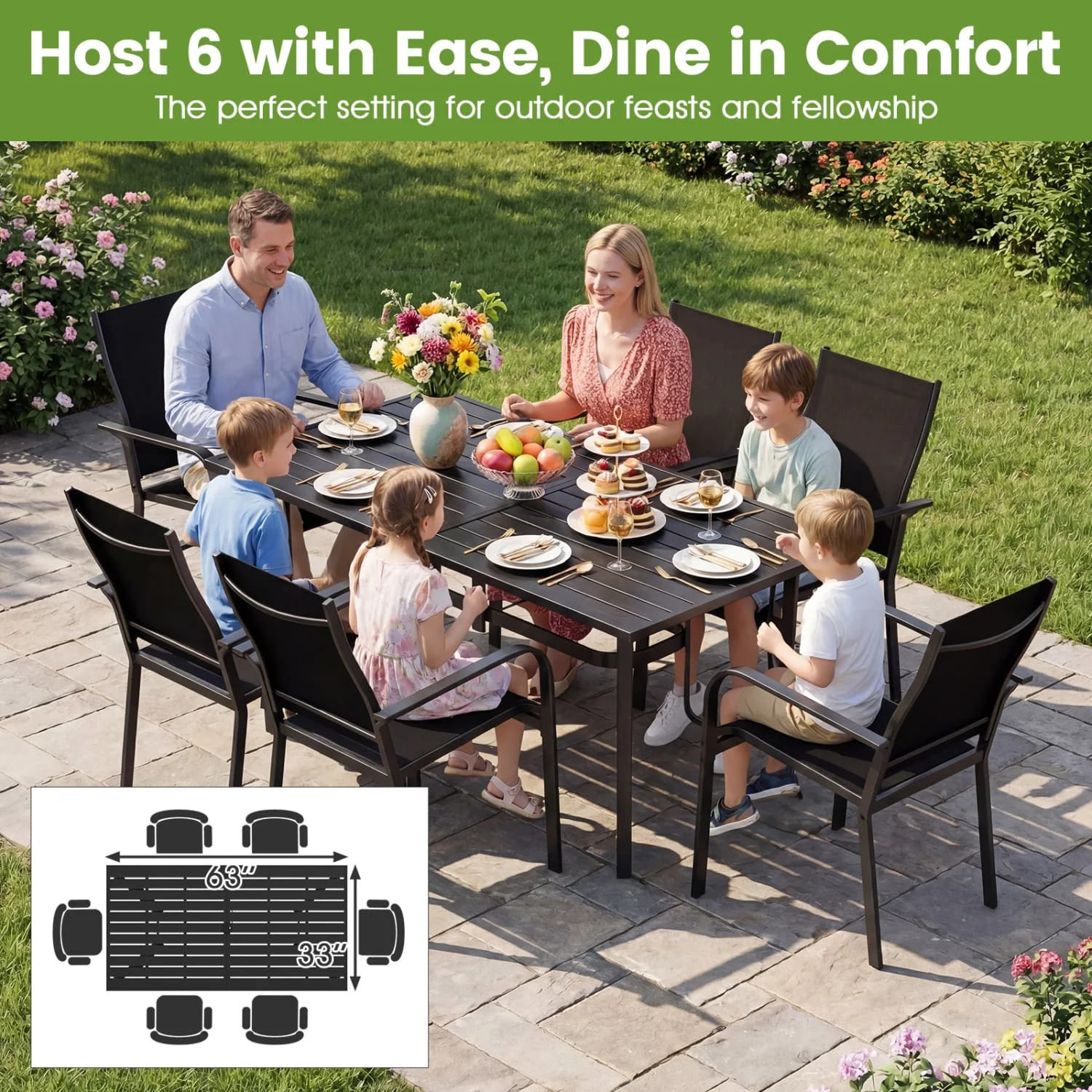 7-Piece Patio Dining Set With Rectangle Table & 6 Stackable Mesh Armchairs, Brown - Image 5