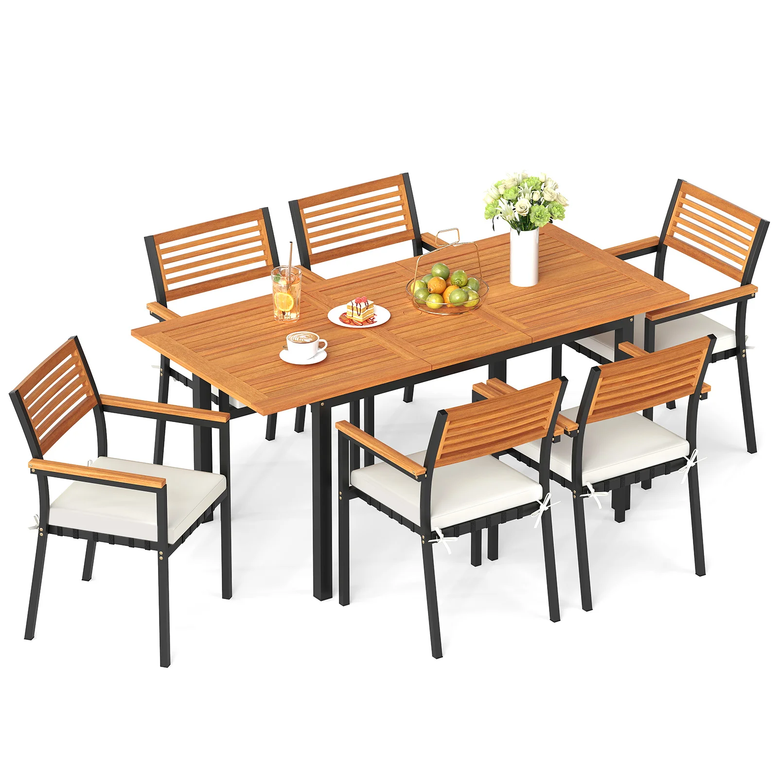 7-Piece Patio Dining Set, Wood Metal, With Seat Cushions, White