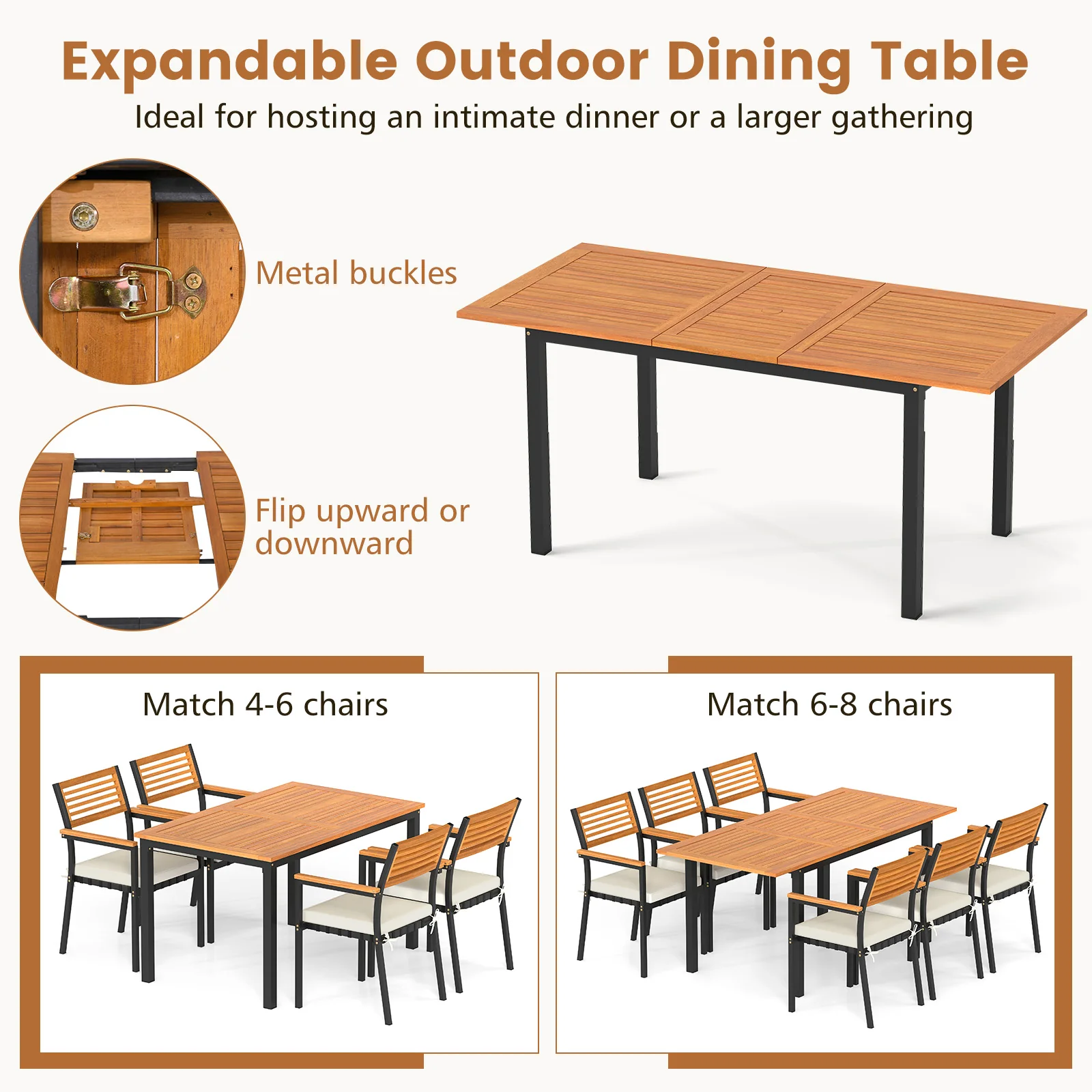 7-Piece Patio Dining Set, Wood Metal, With Seat Cushions, White - Image 10