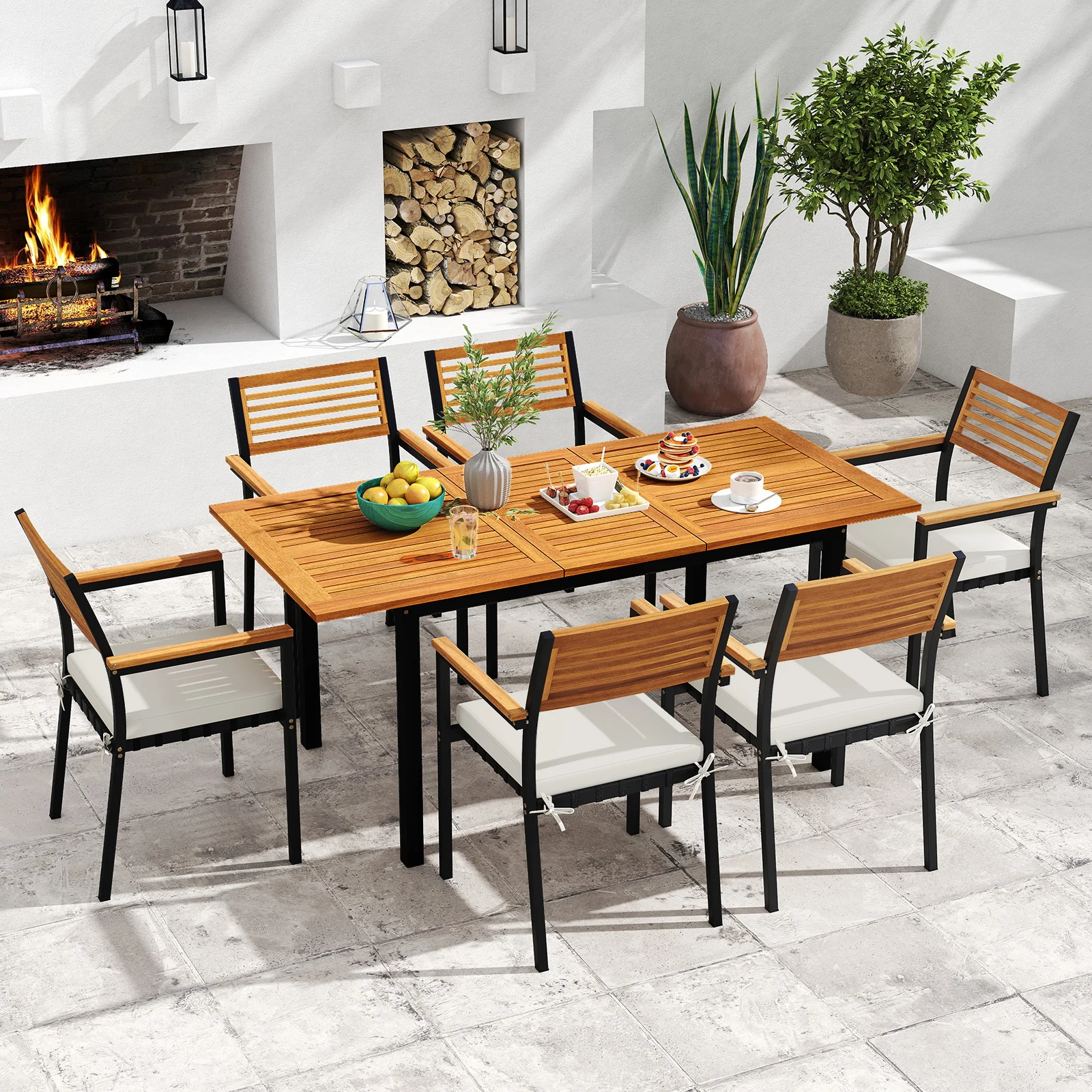 7-Piece Patio Dining Set, Wood Metal, With Seat Cushions, White - Image 2