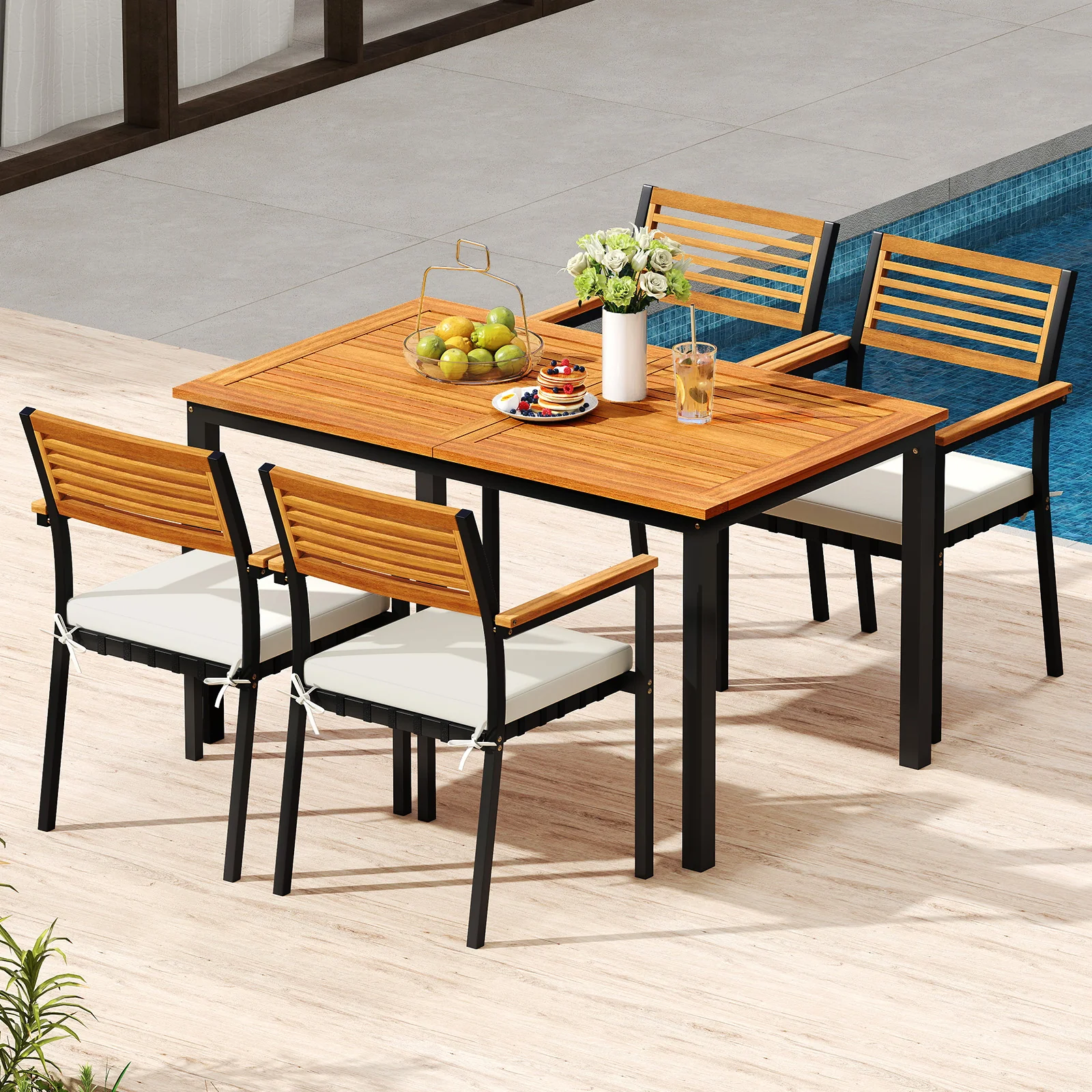 7-Piece Patio Dining Set, Wood Metal, With Seat Cushions, White - Image 3