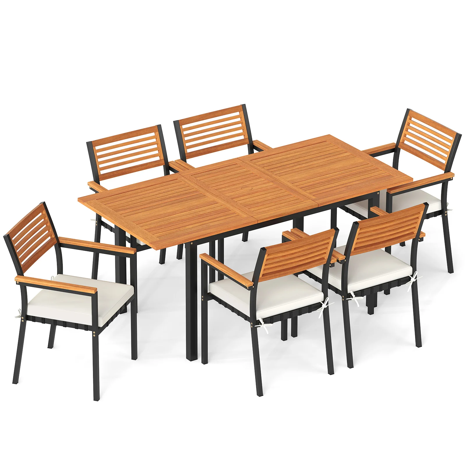 7-Piece Patio Dining Set, Wood Metal, With Seat Cushions, White - Image 5