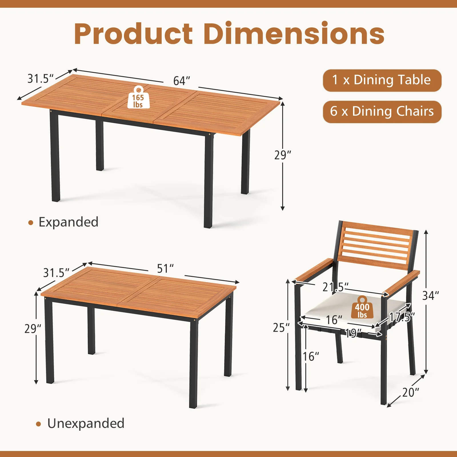 7-Piece Patio Dining Set, Wood Metal, With Seat Cushions, White - Image 6