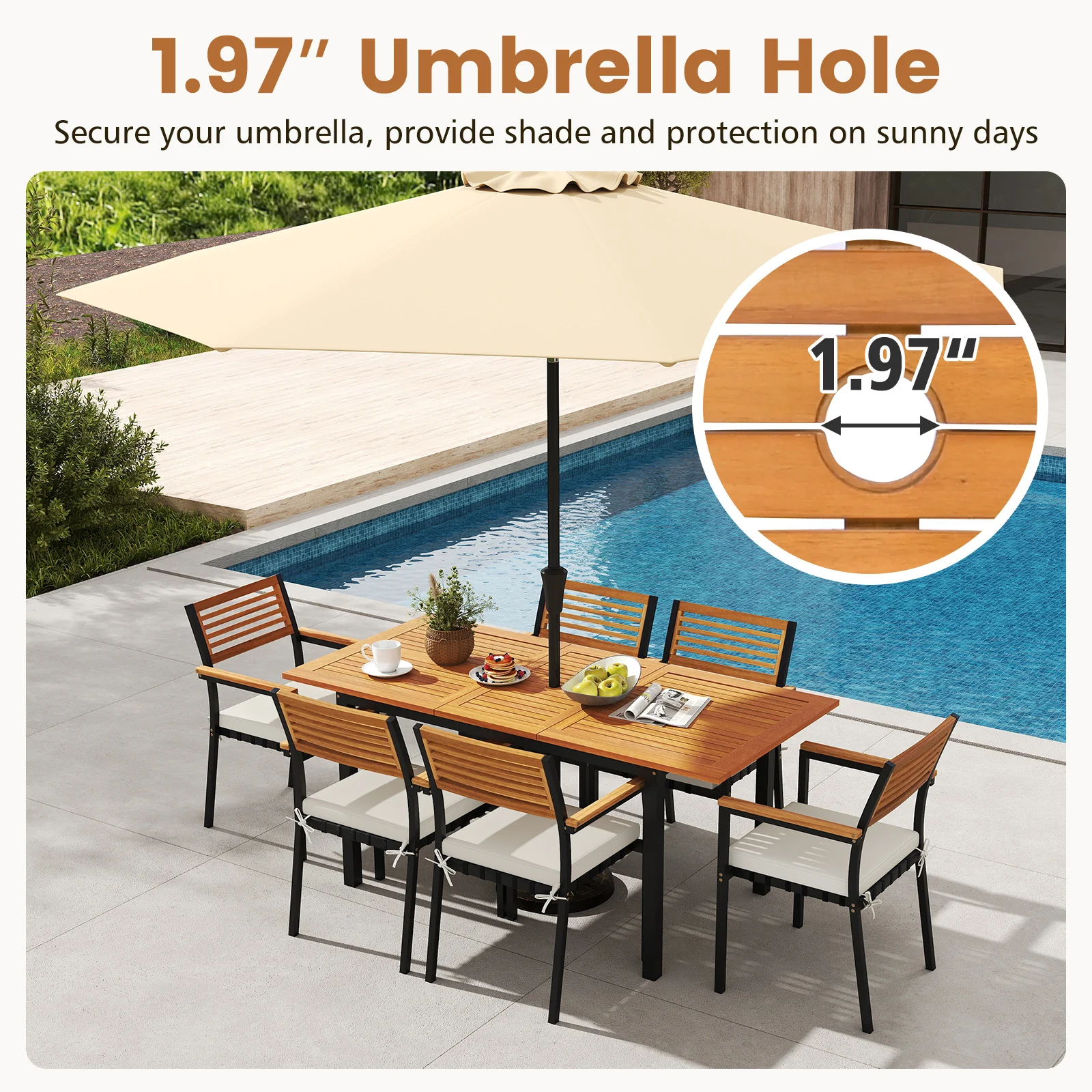 7-Piece Patio Dining Set, Wood Metal, With Seat Cushions, White - Image 7