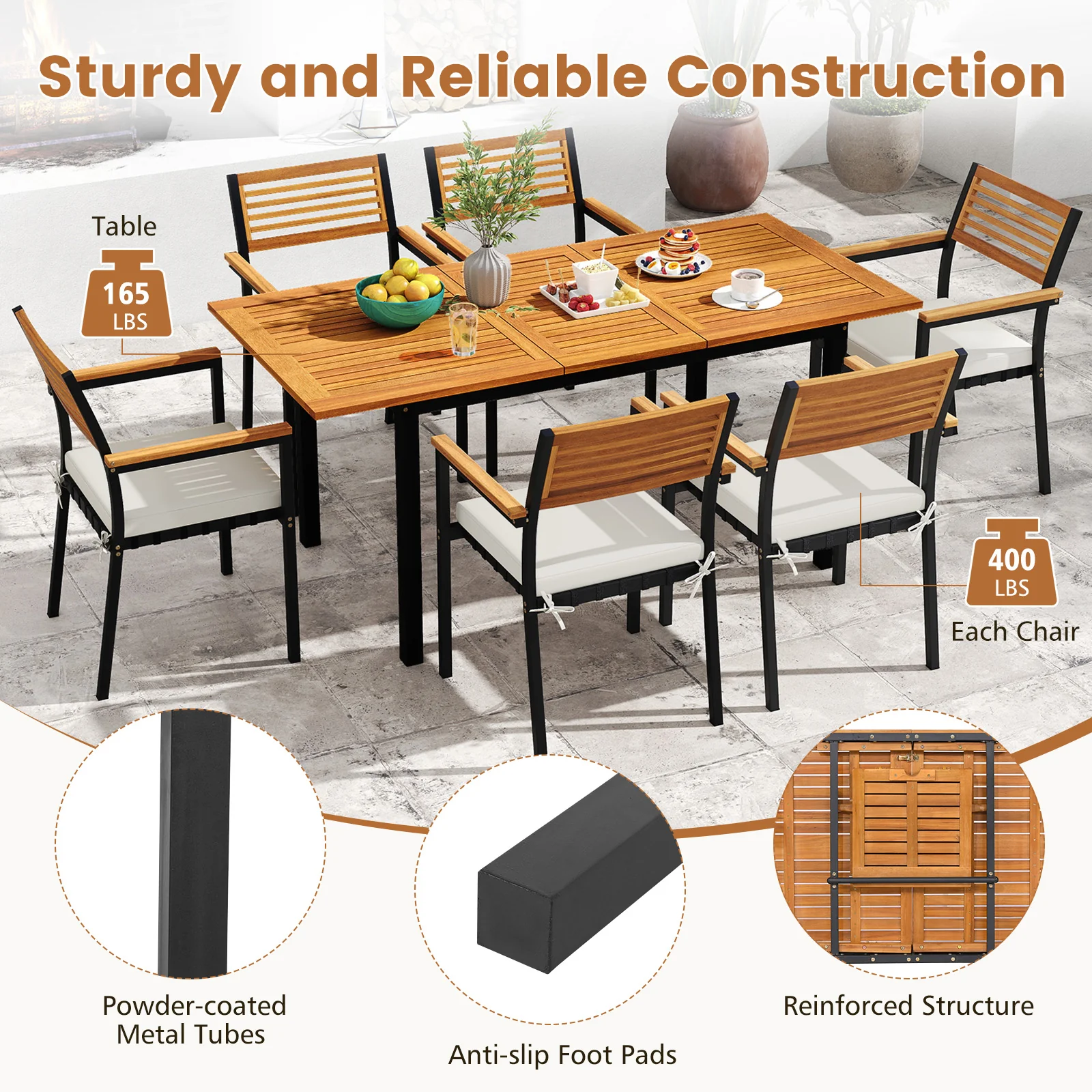 7-Piece Patio Dining Set, Wood Metal, With Seat Cushions, White - Image 9