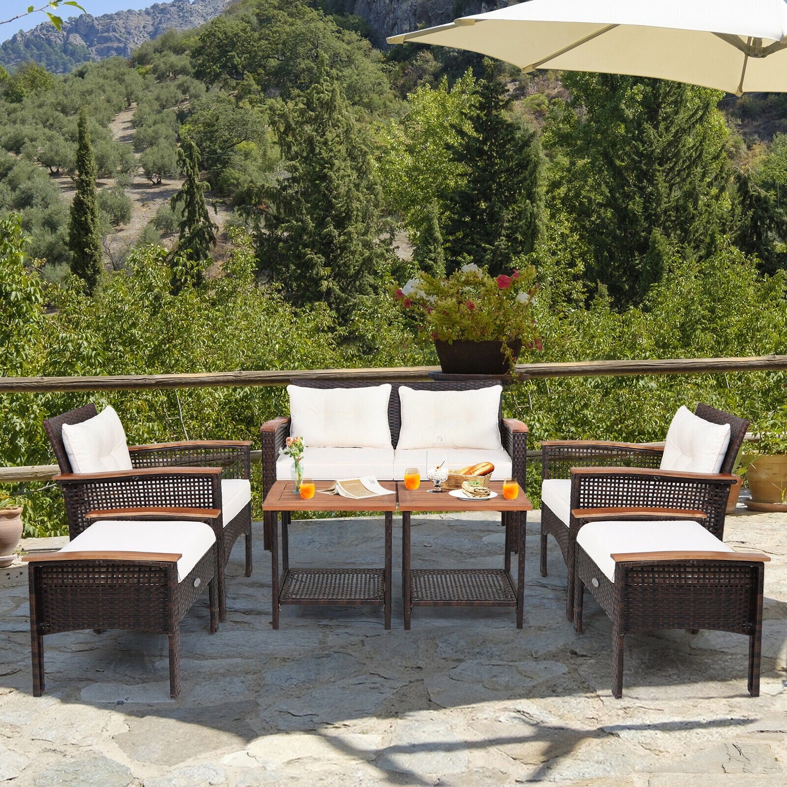 7-Piece Patio Rattan Cushioned Conversation Set, Beige - Image 2