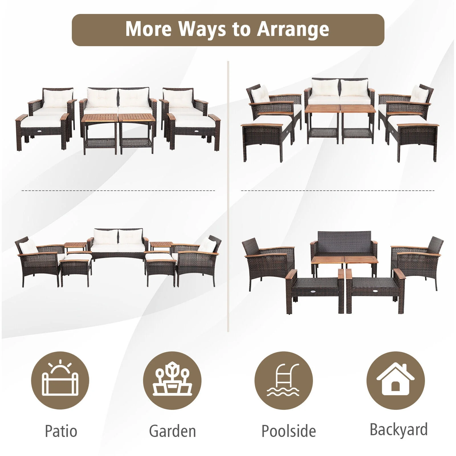 7-Piece Patio Rattan Cushioned Conversation Set, Beige - Image 3
