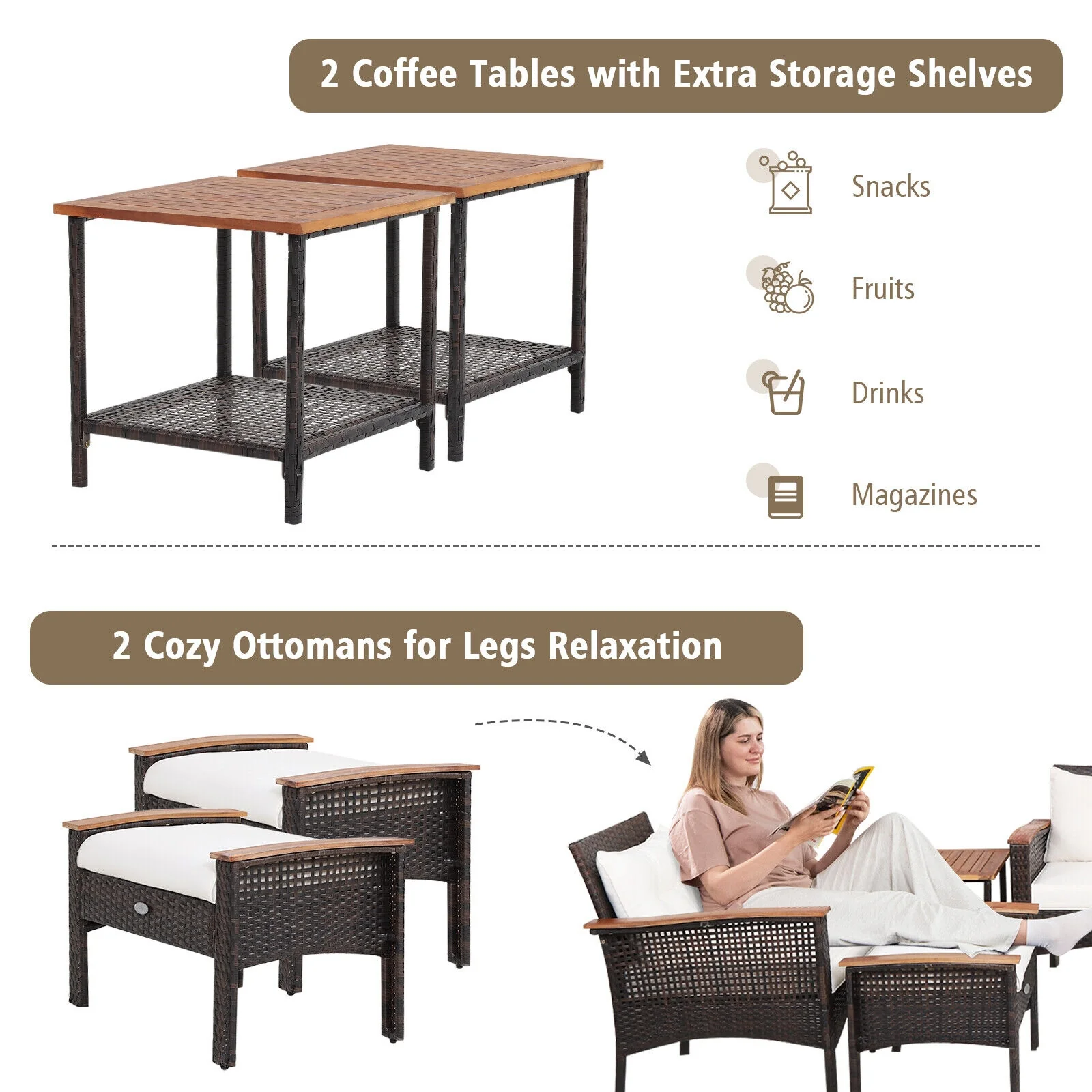 7-Piece Patio Rattan Cushioned Conversation Set, Beige - Image 6