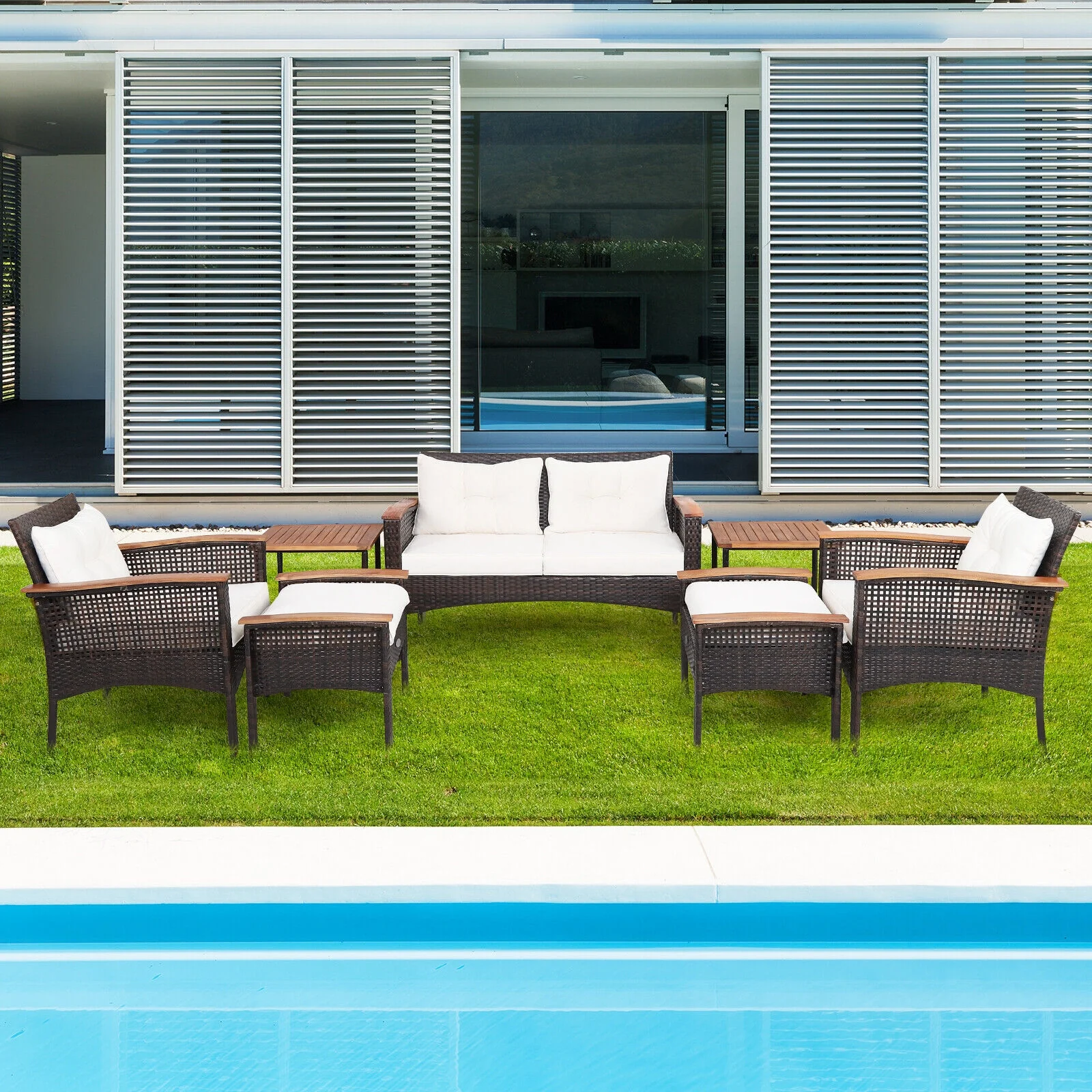 7-Piece Patio Rattan Cushioned Conversation Set, Beige - Image 7