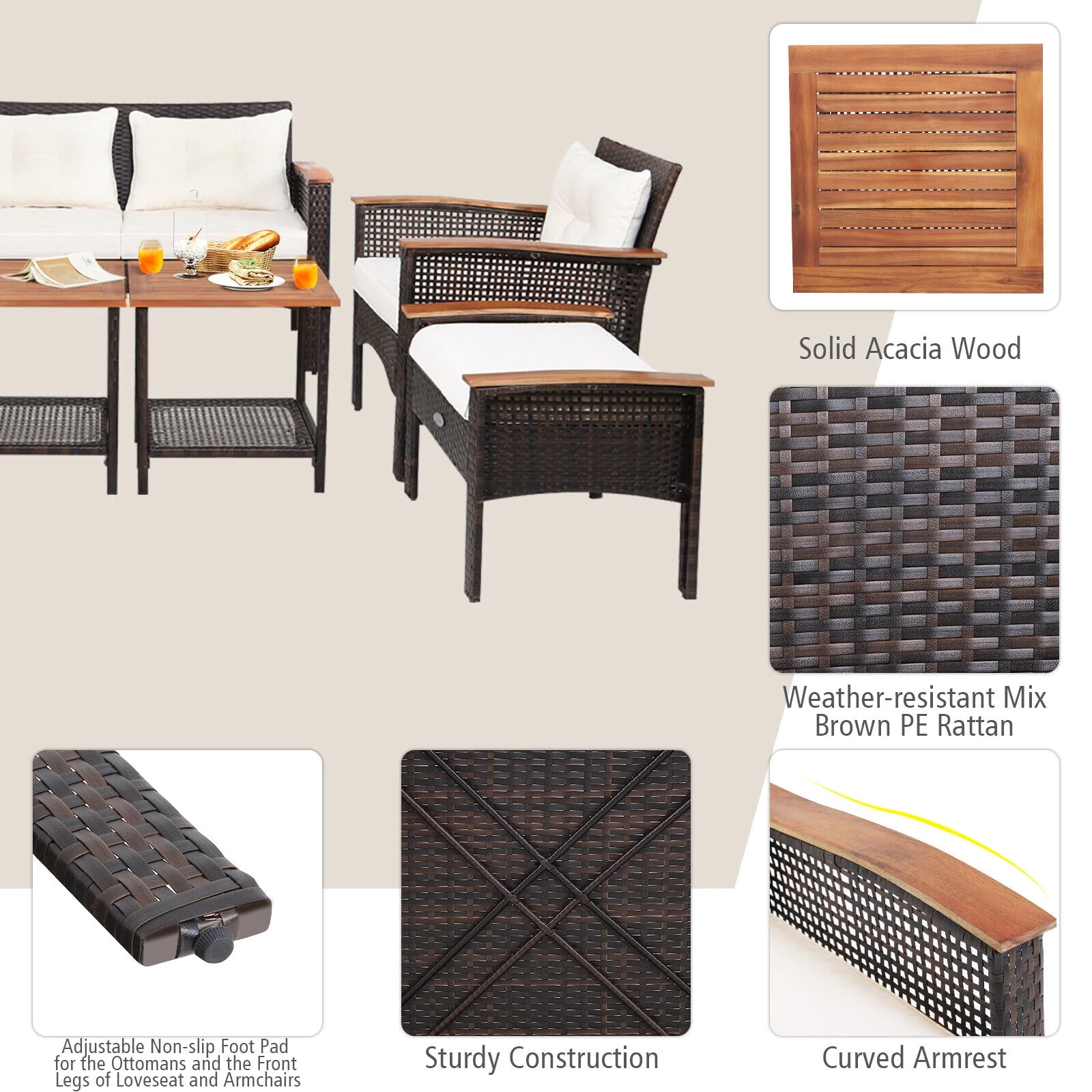 7-Piece Patio Rattan Cushioned Conversation Set, Beige - Image 9