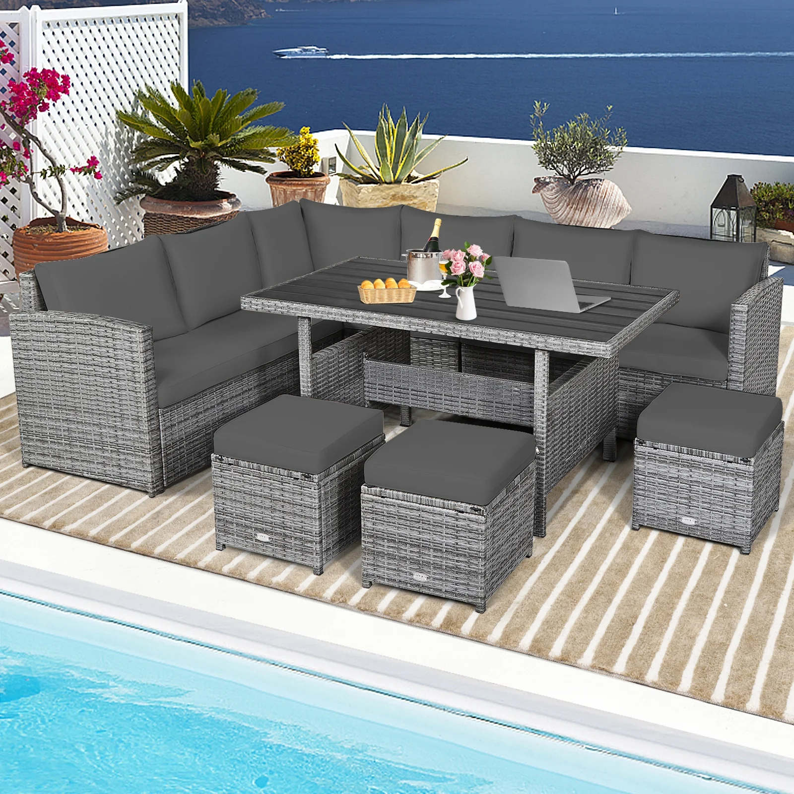 7 Piece Patio Rattan Dining Furniture Set, Sectional Sofa With Ottoman, Gray - Image 2