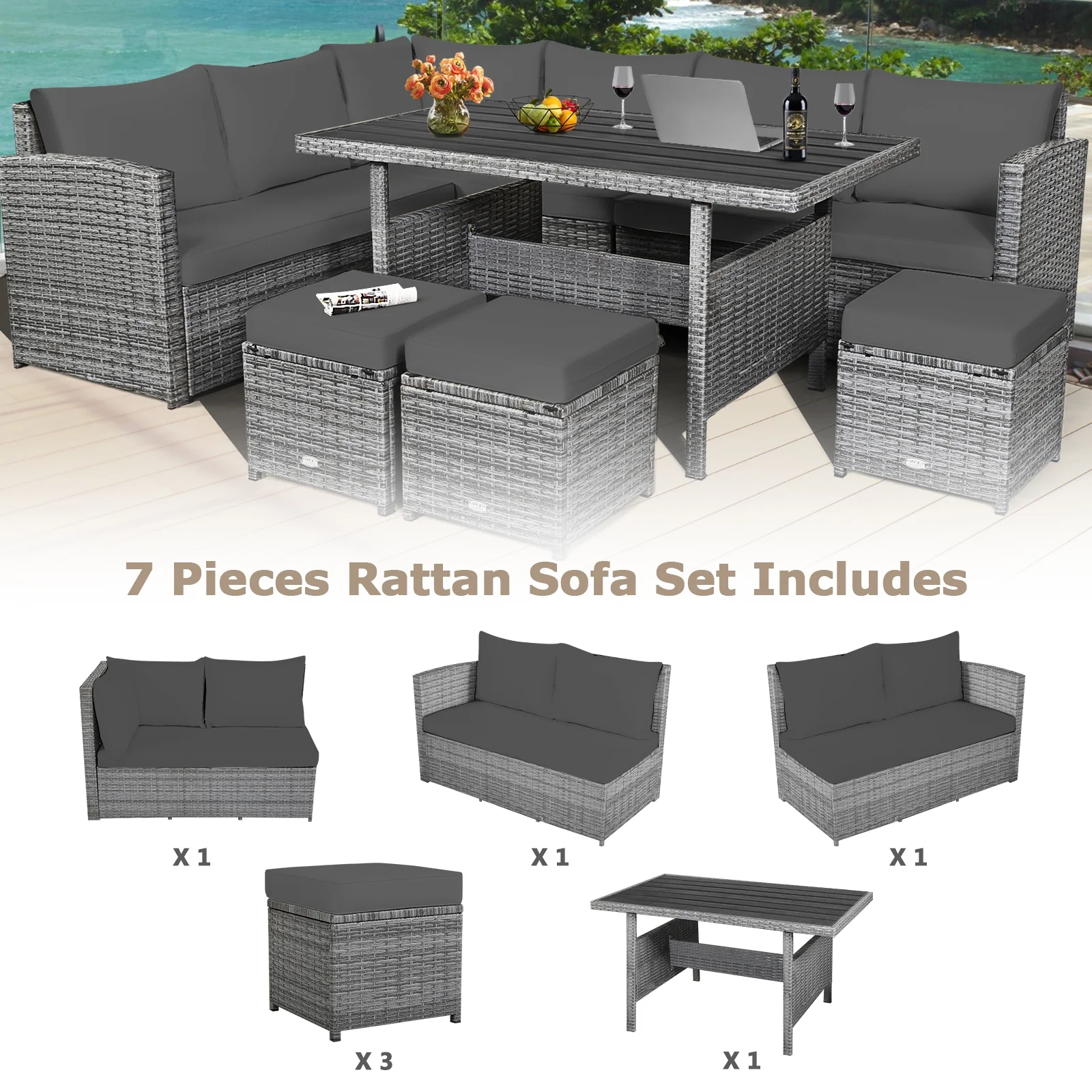 7 Piece Patio Rattan Dining Furniture Set, Sectional Sofa With Ottoman, Gray - Image 3